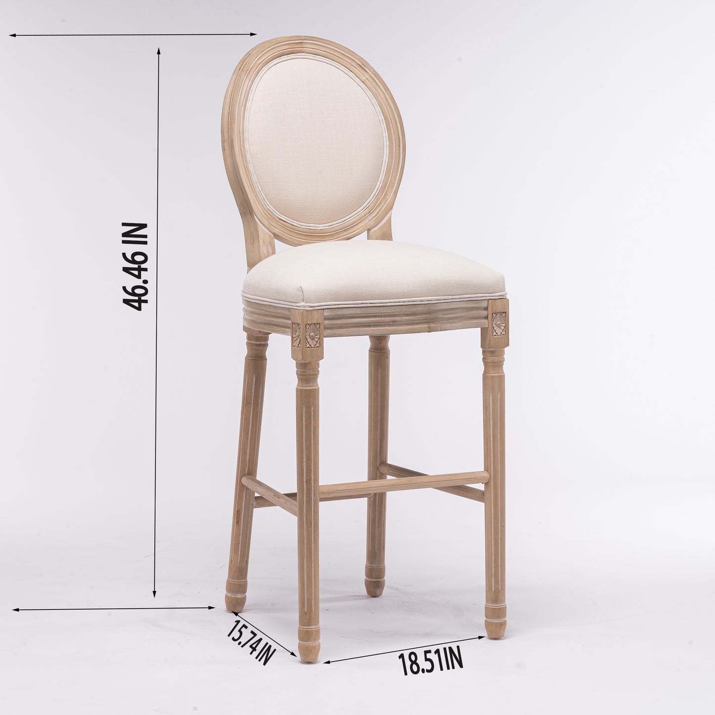 Light brown oval back linen bar stool with carved wood legs