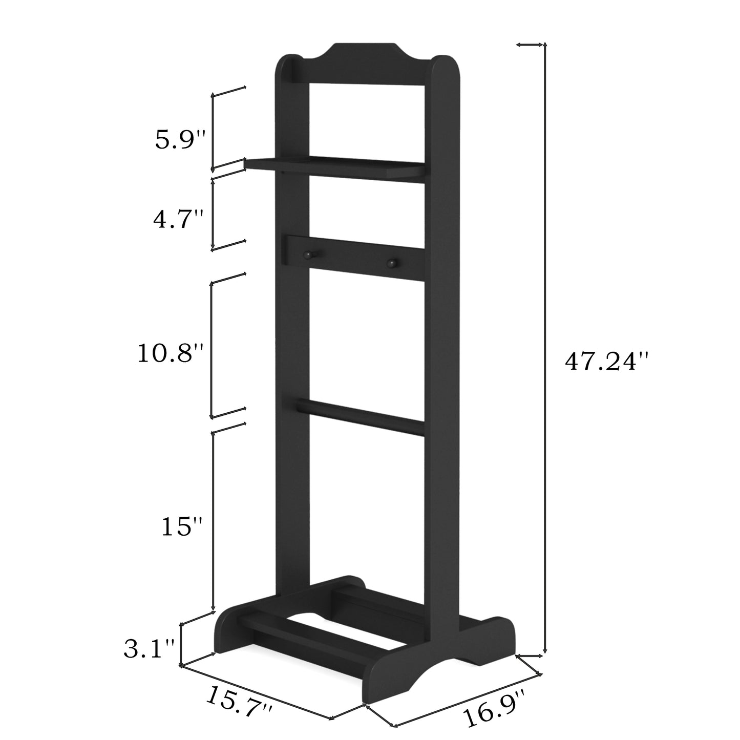 Black wooden garment rack with shelf and hanging hooks