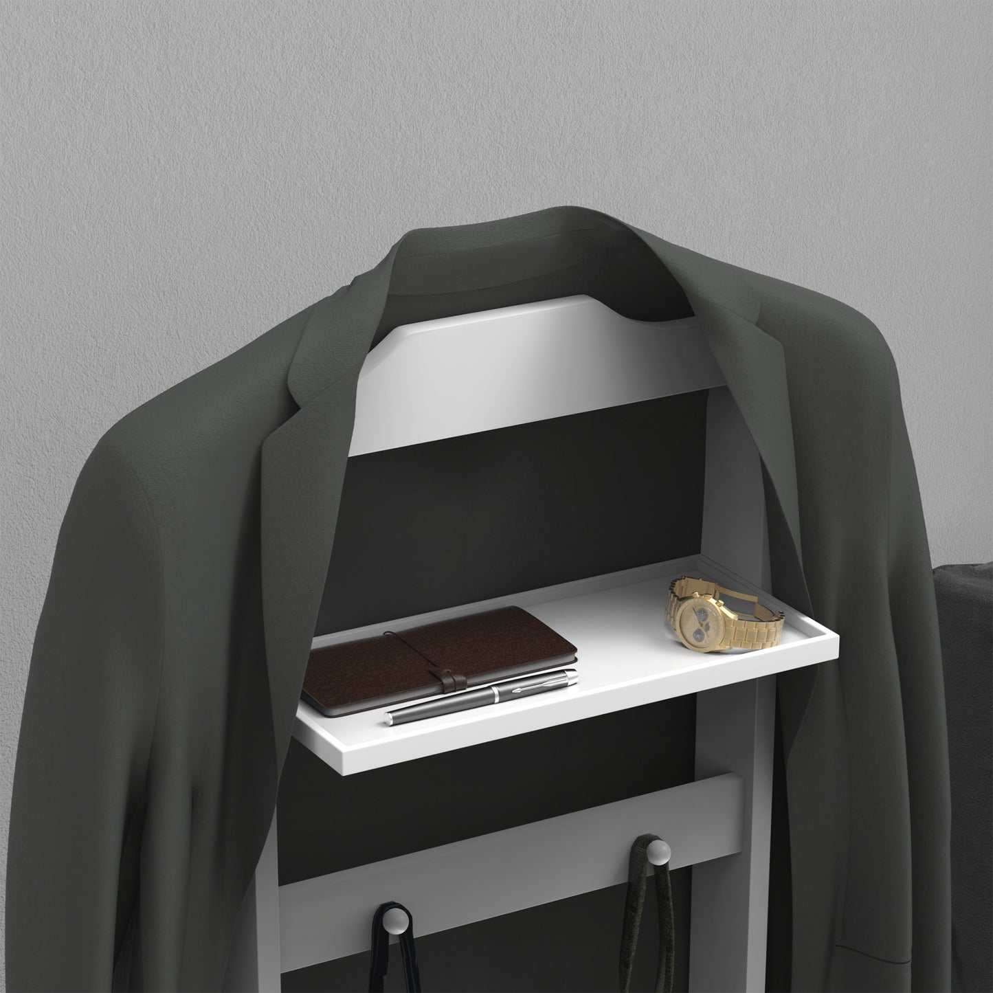 Modern valet stand with dark gray suit brown journal pen and gold watch