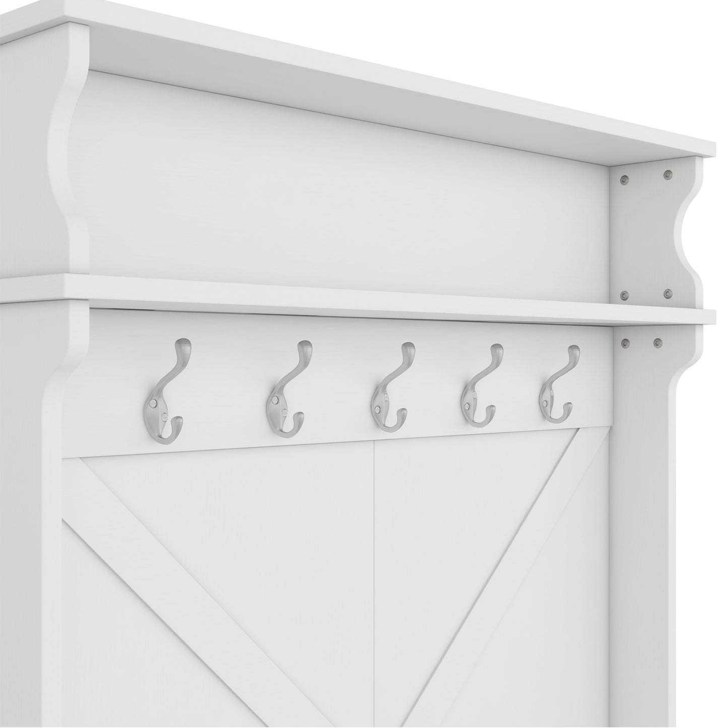 White wooden hall tree with five silver coat hooks and barn door detail