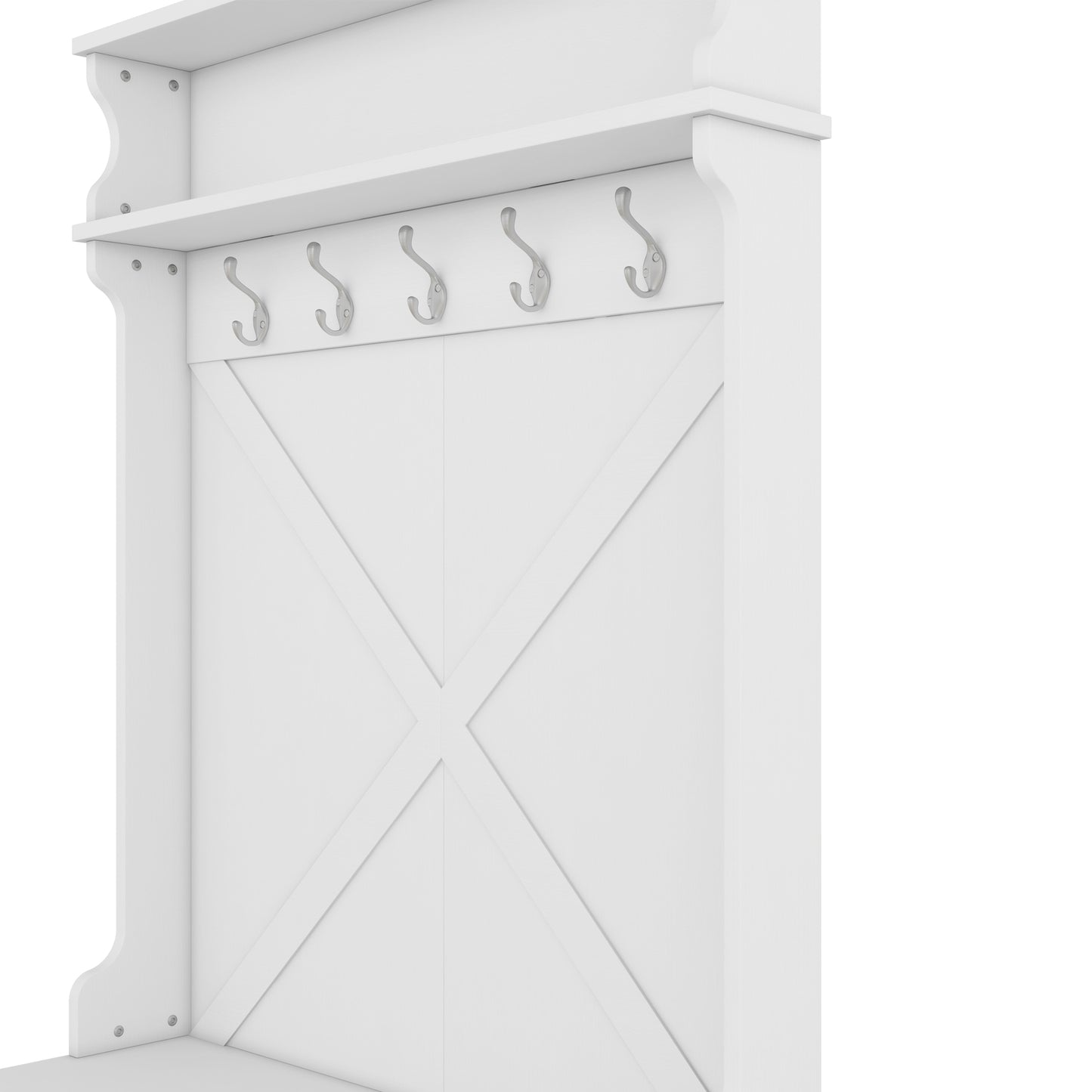 White farmhouse entryway organizer with Xbrace design and five silver coat hooks