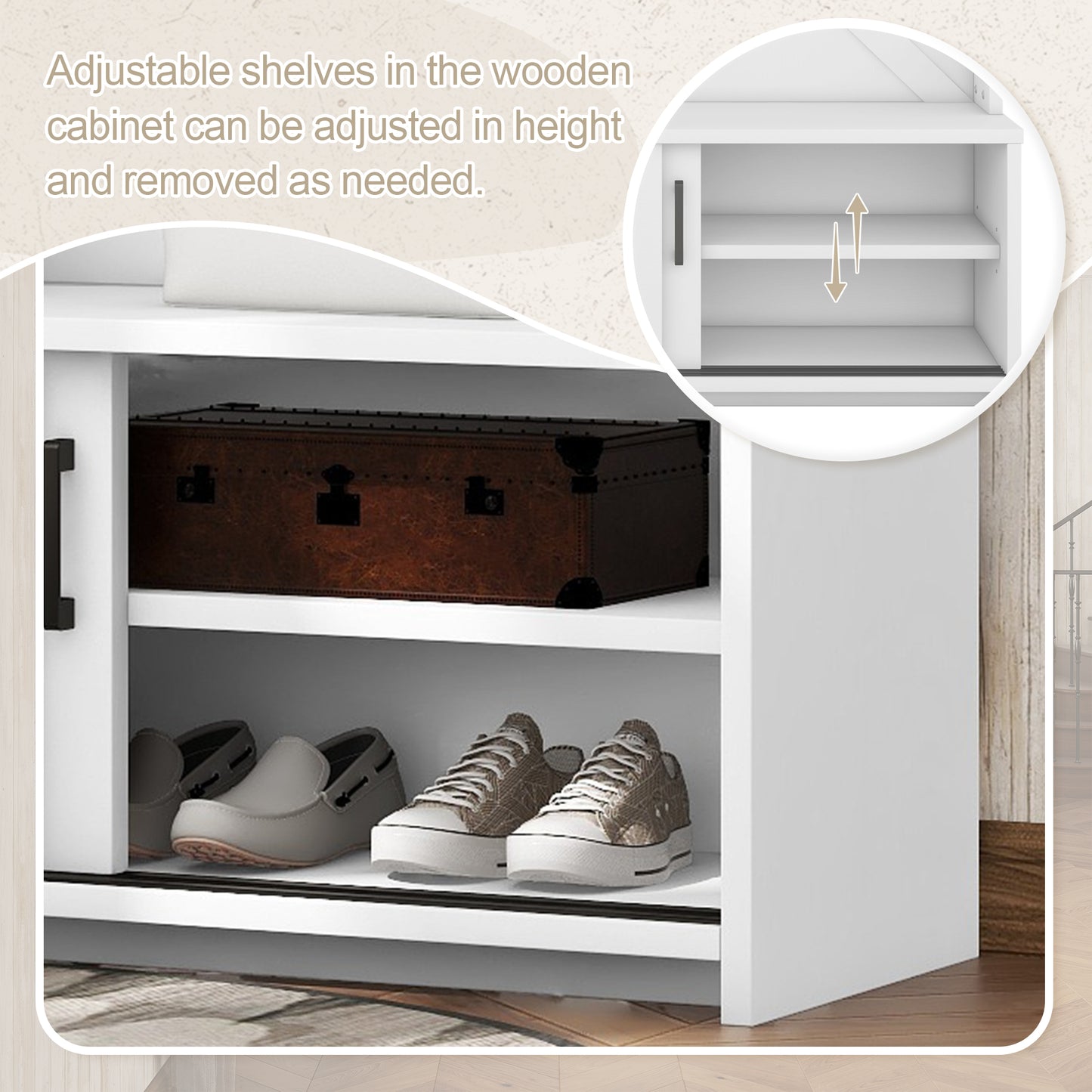 White modern shoe cabinet with adjustable shelves holding a trunk and footwear