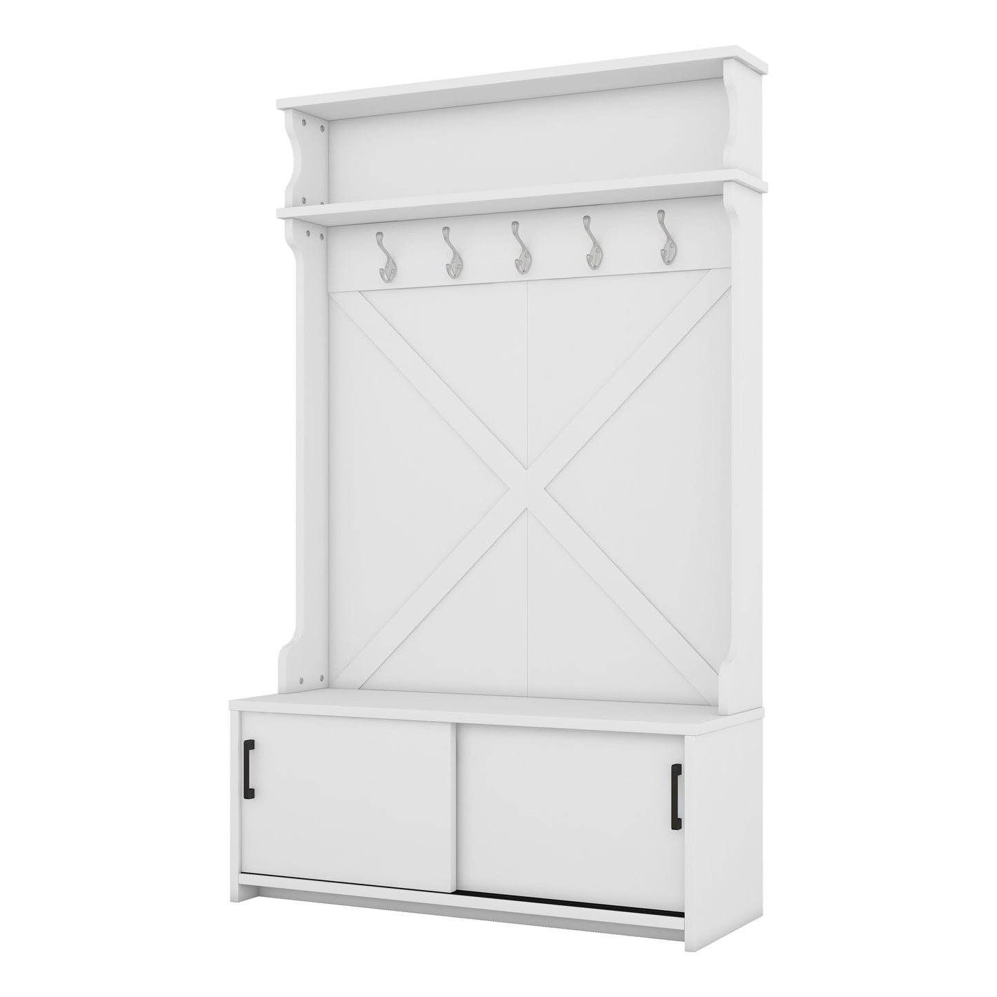 White farmhouse hall tree with bench and sliding doors