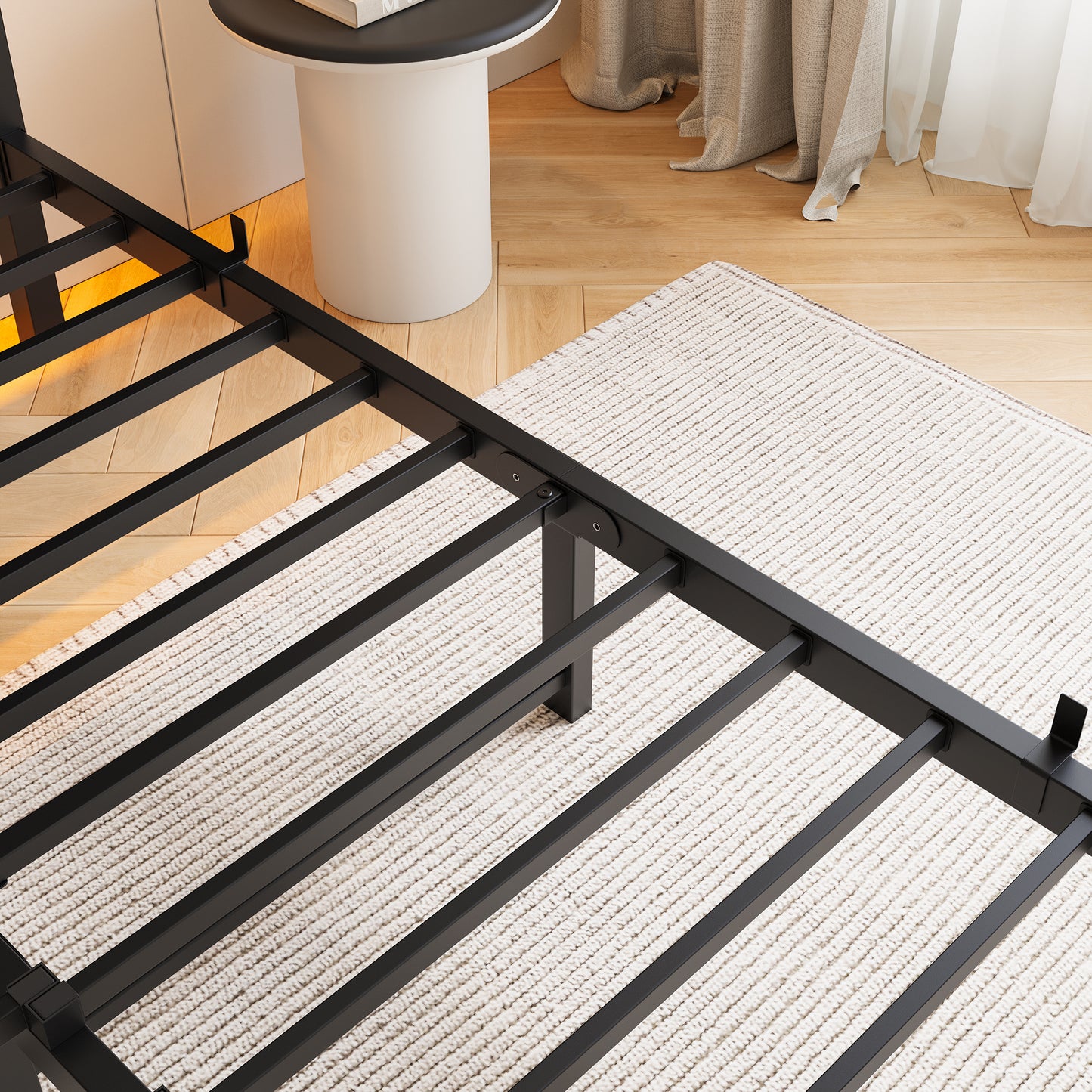 Black metal queen bed frame with sturdy slats and minimalist design