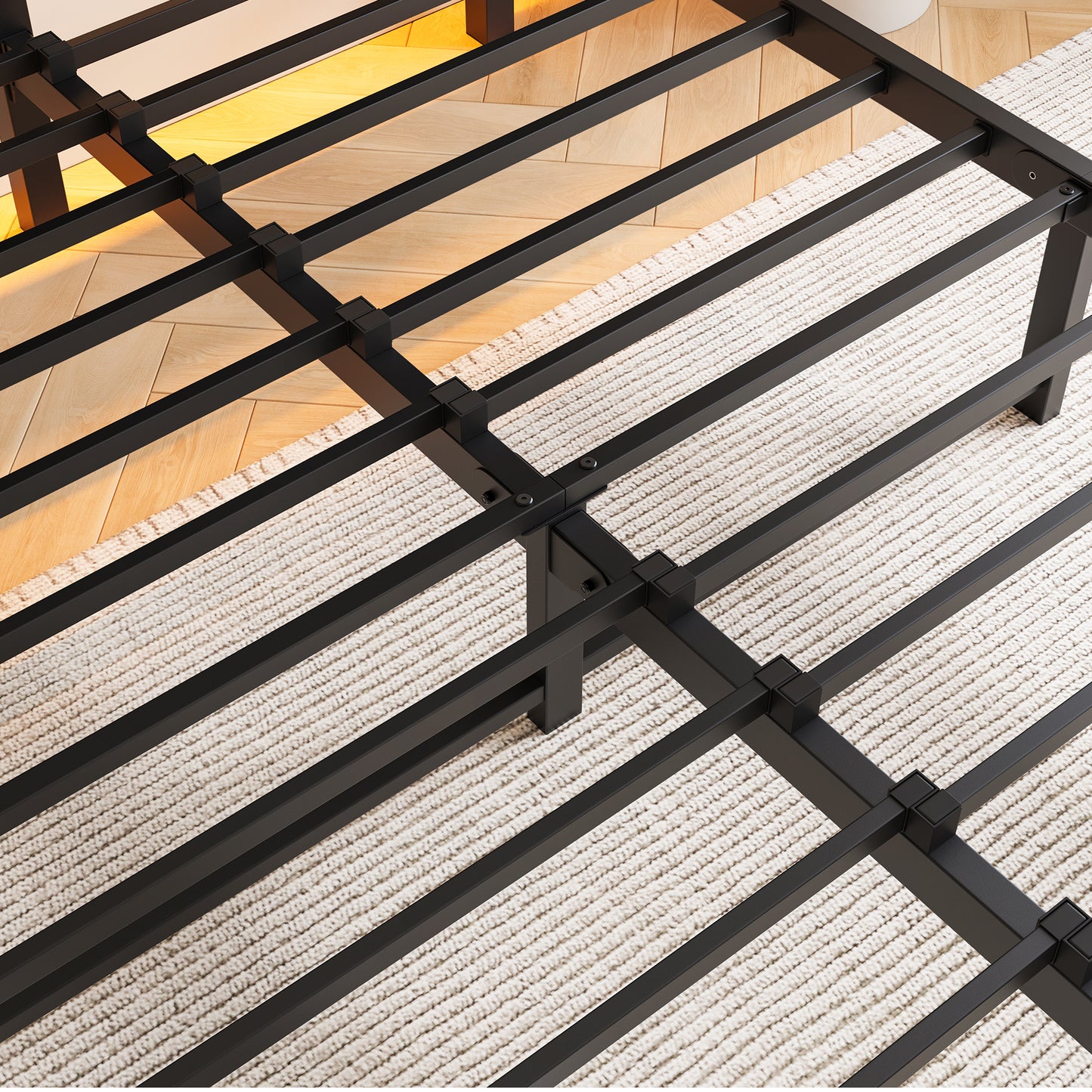 Black metal bed frame with slatted support system