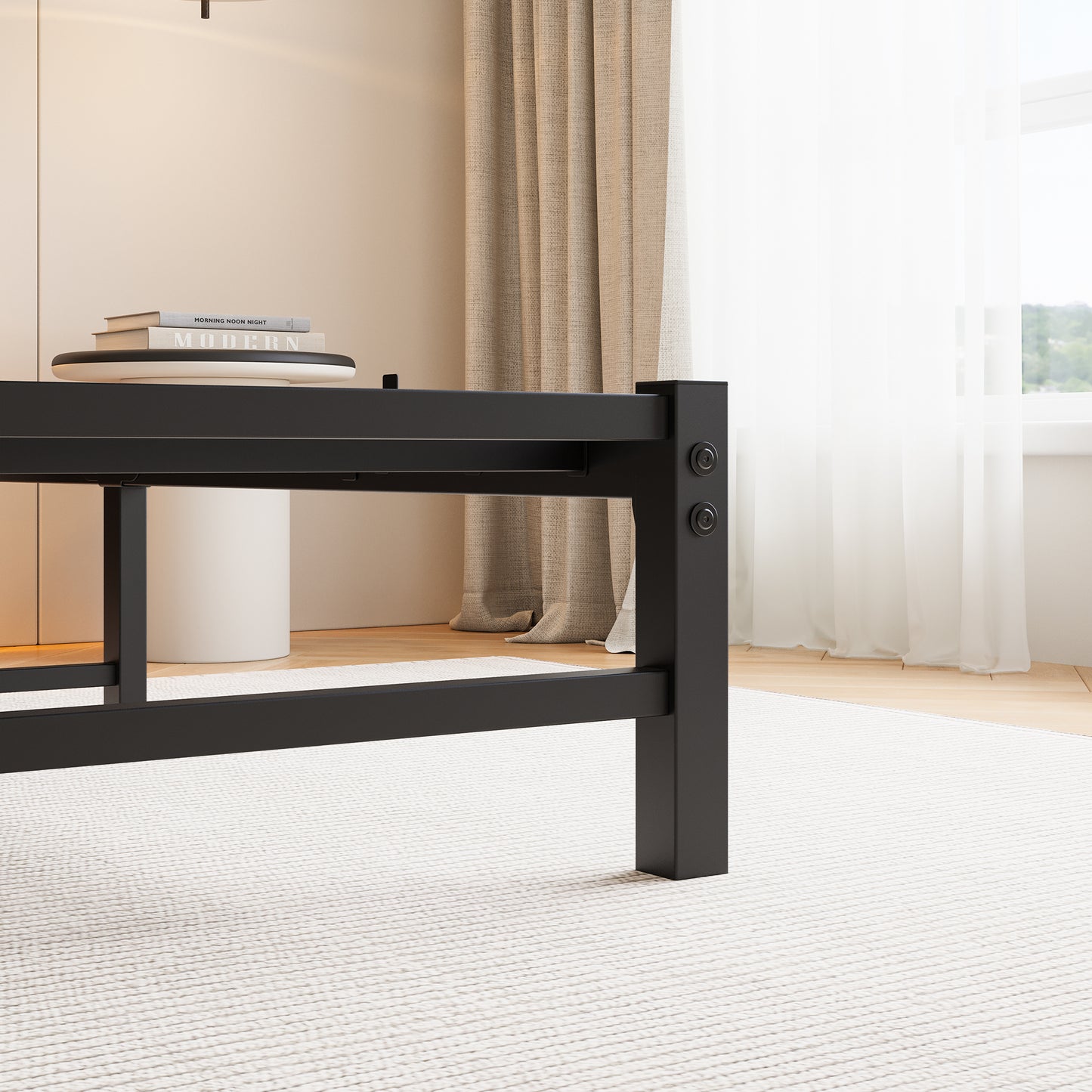 Black metal platform bed frame with sturdy legs on a textured rug