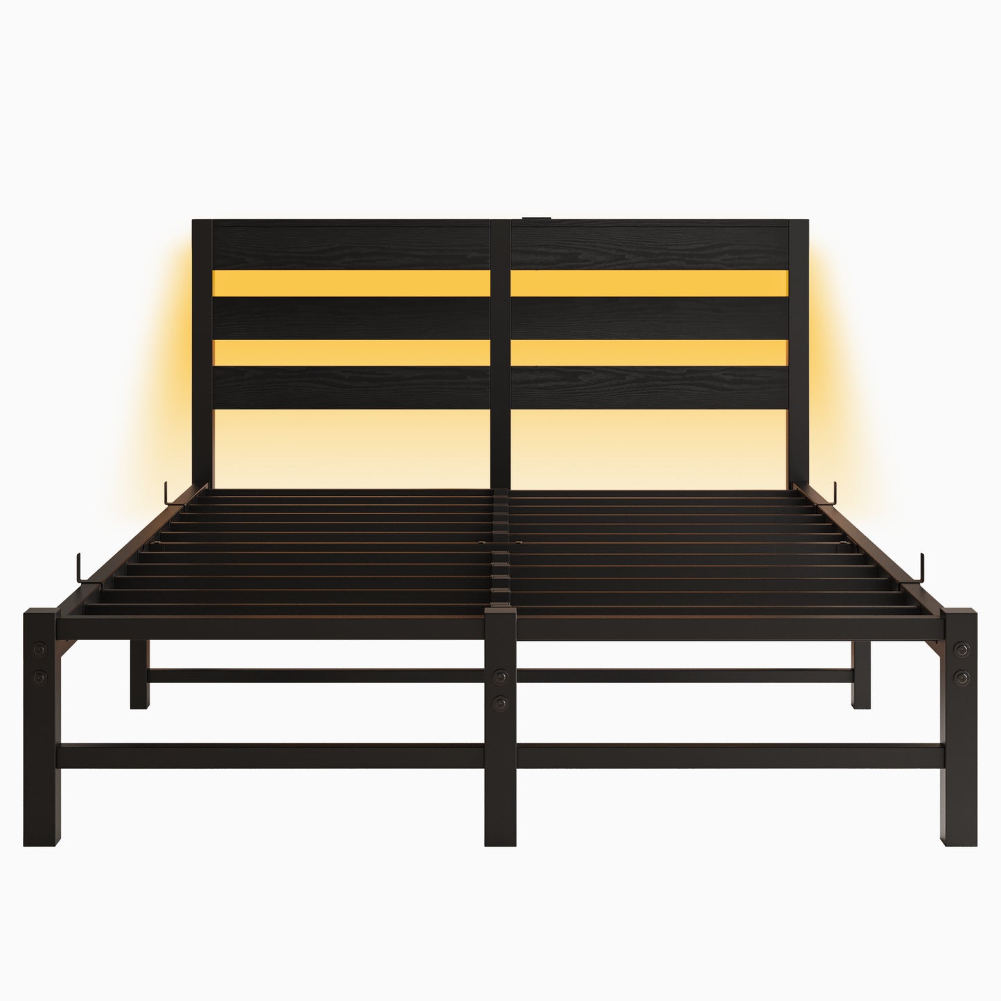 Black metal bed frame with modern horizontal wood slats and integrated LED lighting