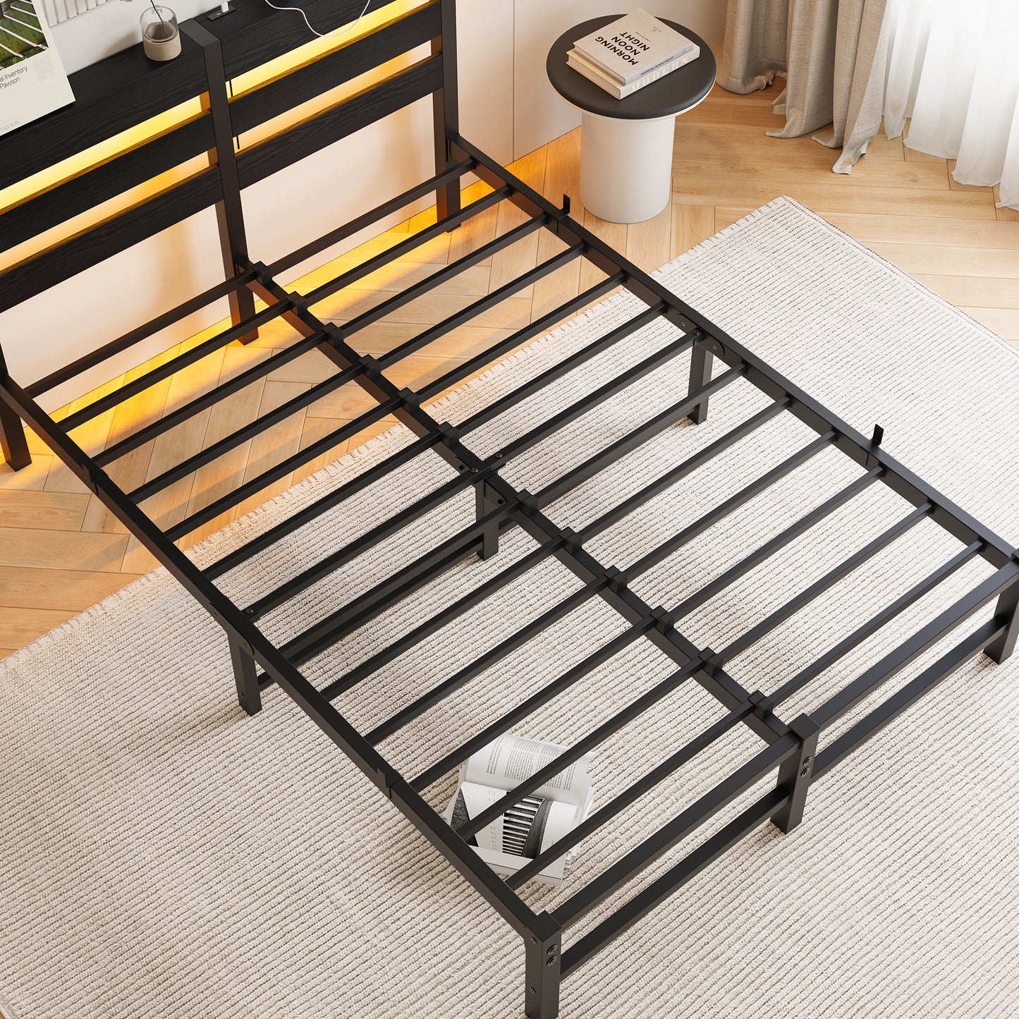 Black metal bed frame with integrated LED headboard lighting