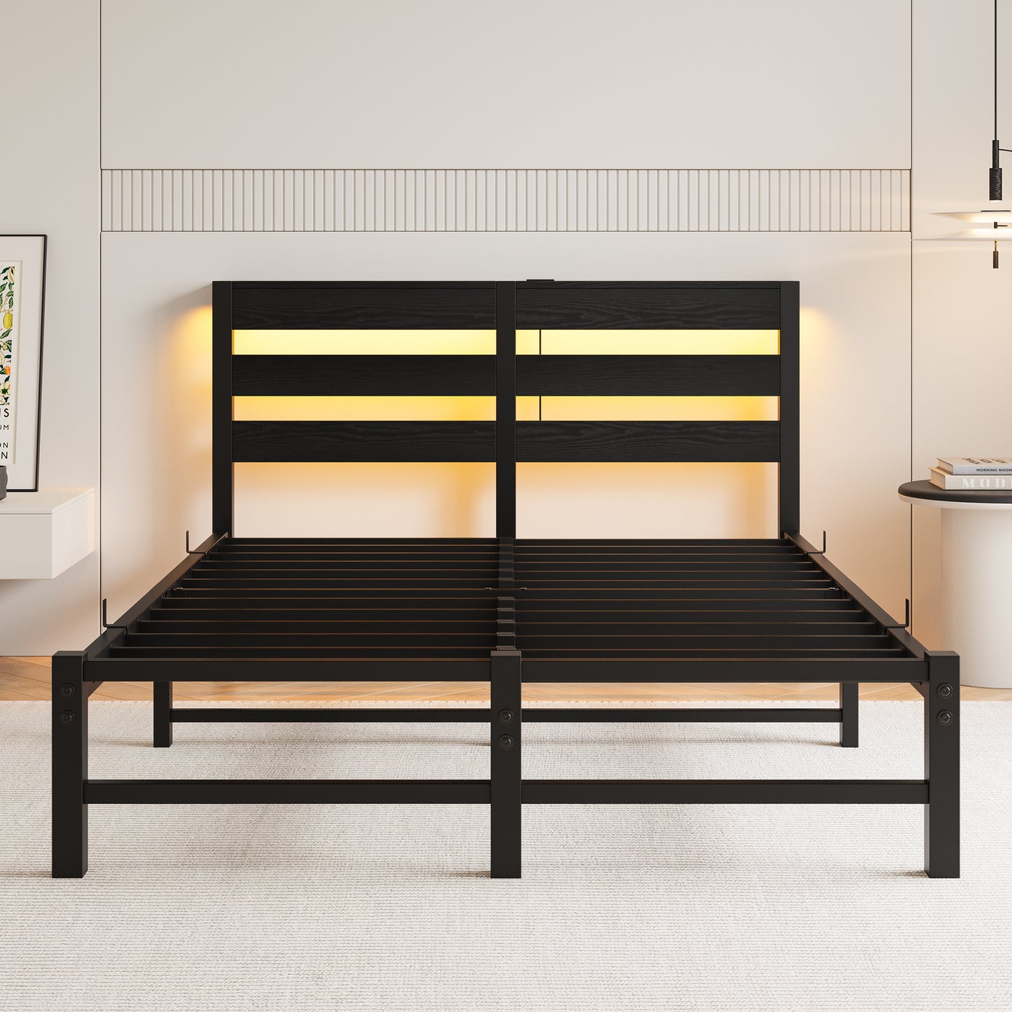 Black metal bed frame with integrated LED headboard lighting