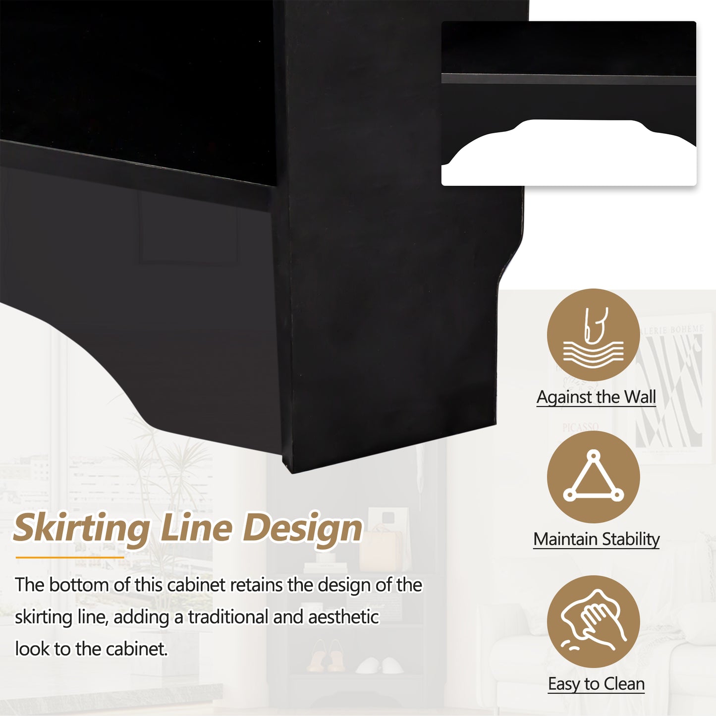 Black minimalist cabinet with skirting line design for elegant storage