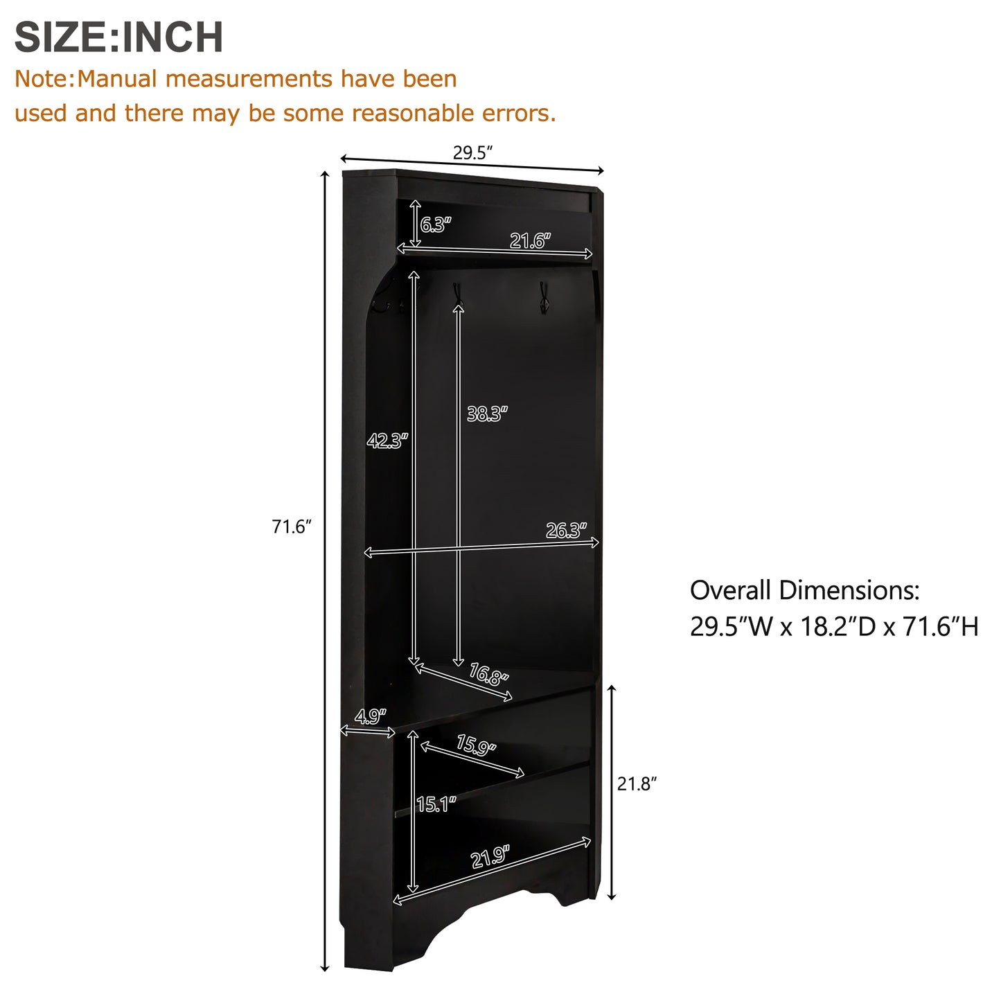 Black entryway storage cabinet with shelves and coat hooks