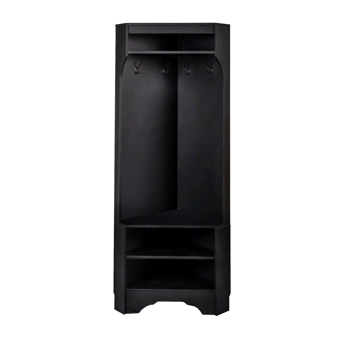 Black corner hall tree with coat hooks and shelves