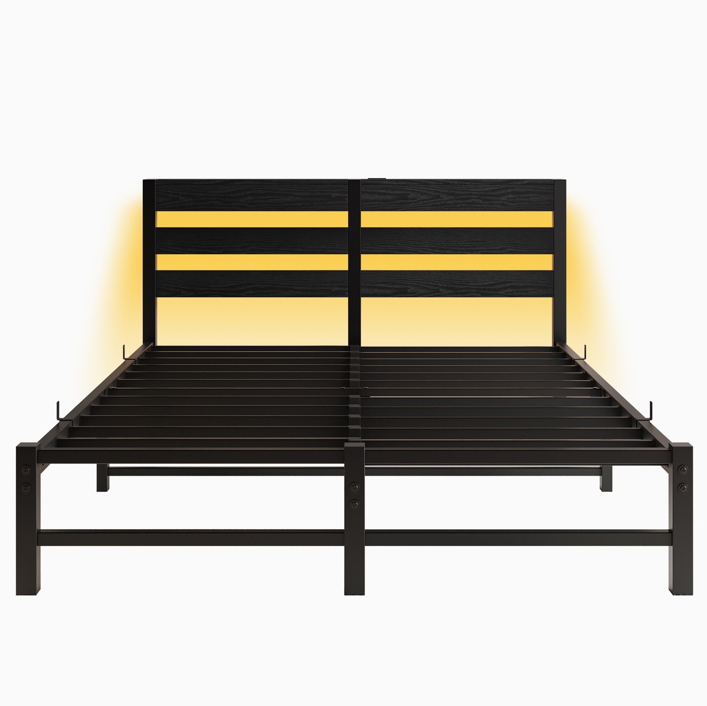 Black metal bed frame with black woodlook headboard and LED lighting