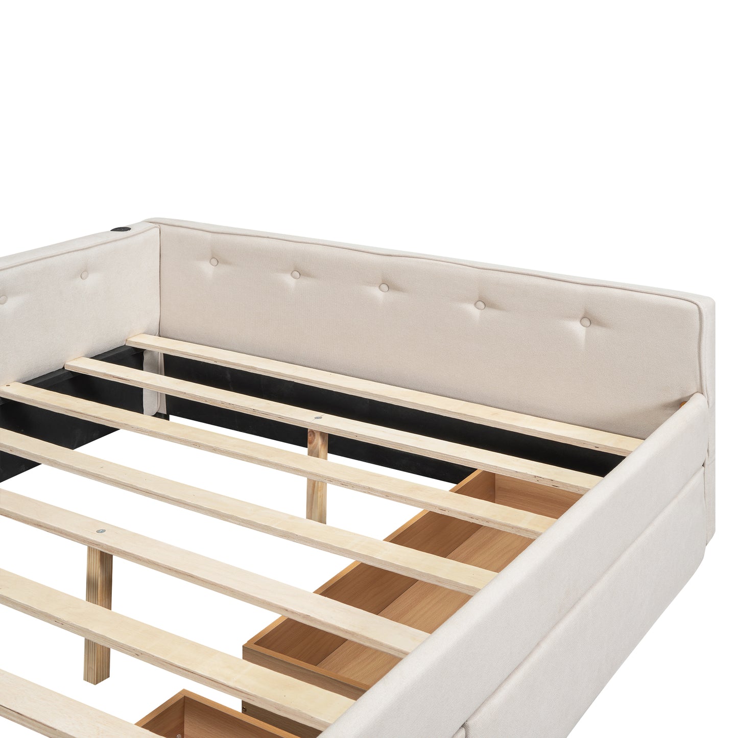 Closeup of upholstered beige bed frame with button tufting and wooden slat support