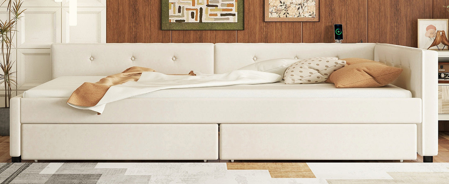 Cream velvet daybed with storage drawers and tufted headboard
