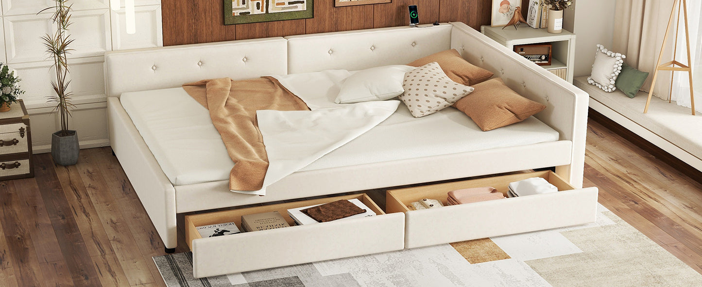 Cream tufted daybed with pullout drawers and linen bedding