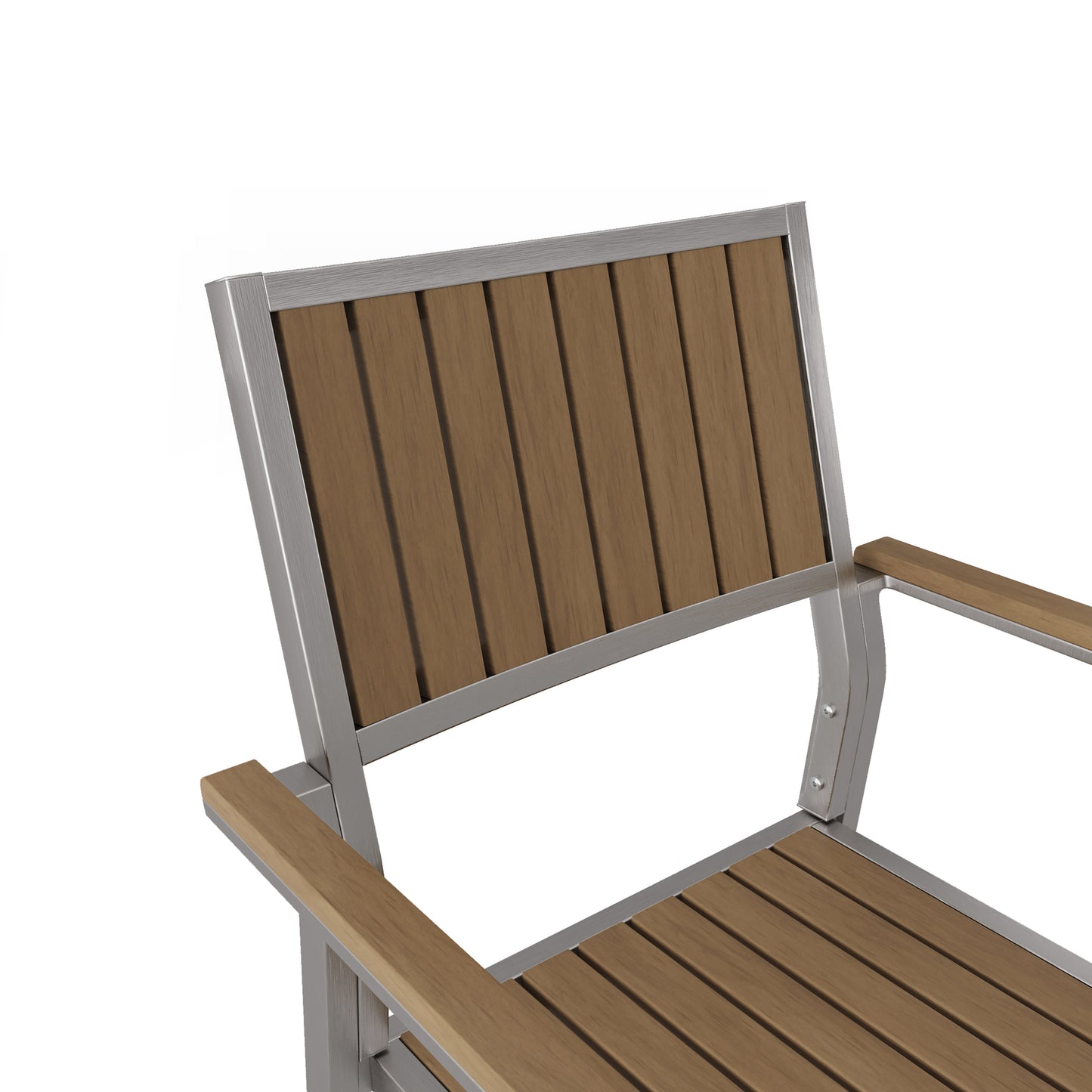 Modern outdoor chair with brushed aluminum frame and woodlook slats