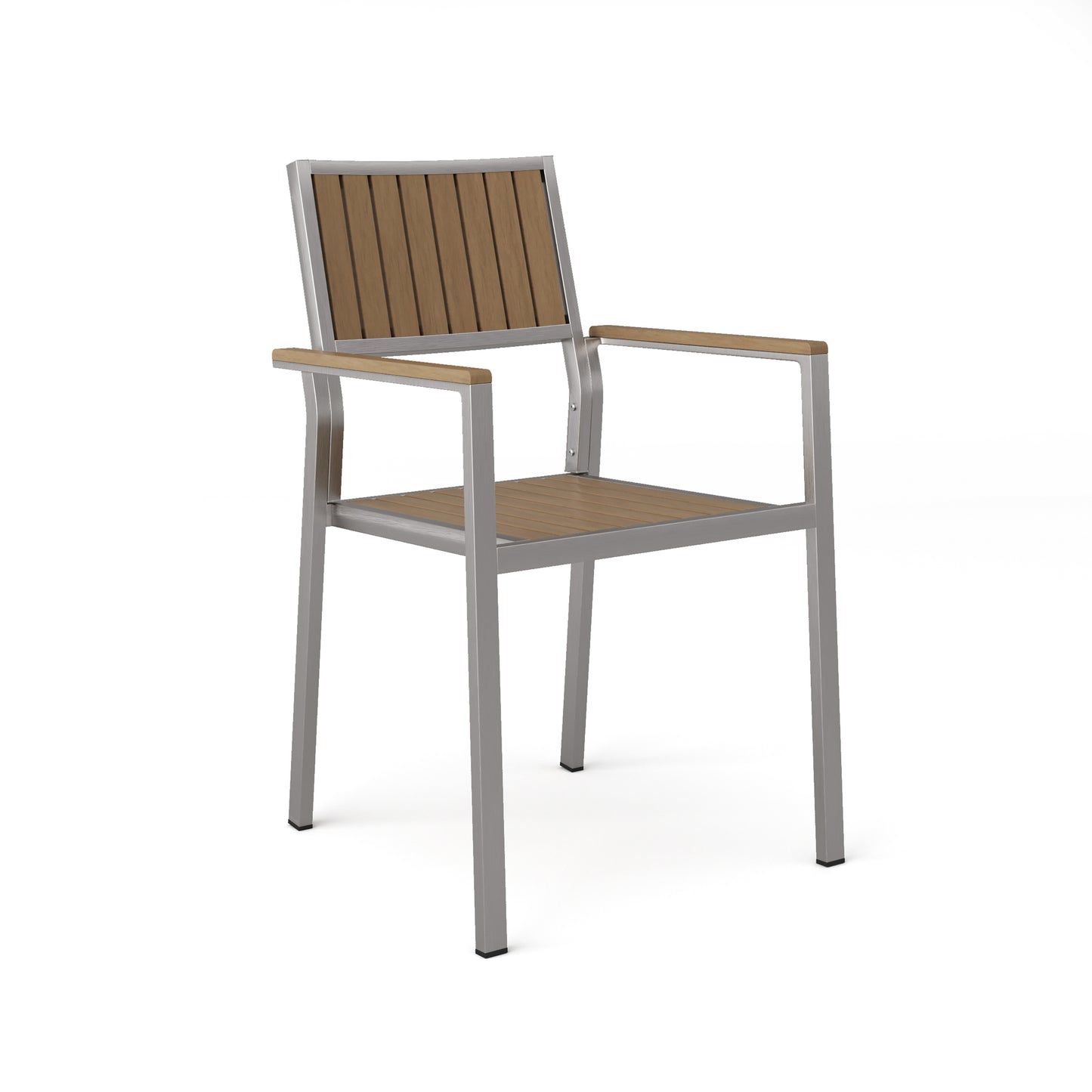 Modern outdoor chair with aluminum frame and wood slat seat and back