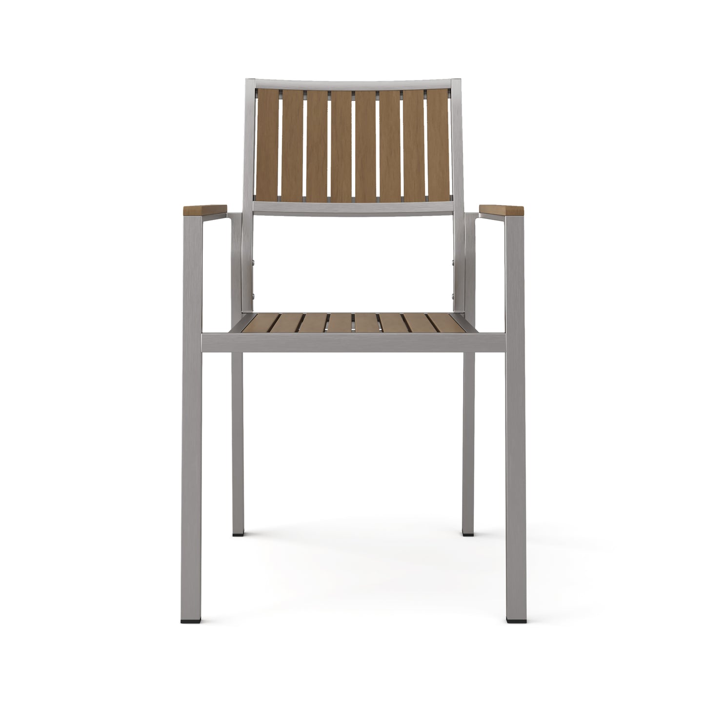 Modern silver metal chair with brown slatted wood seat and back