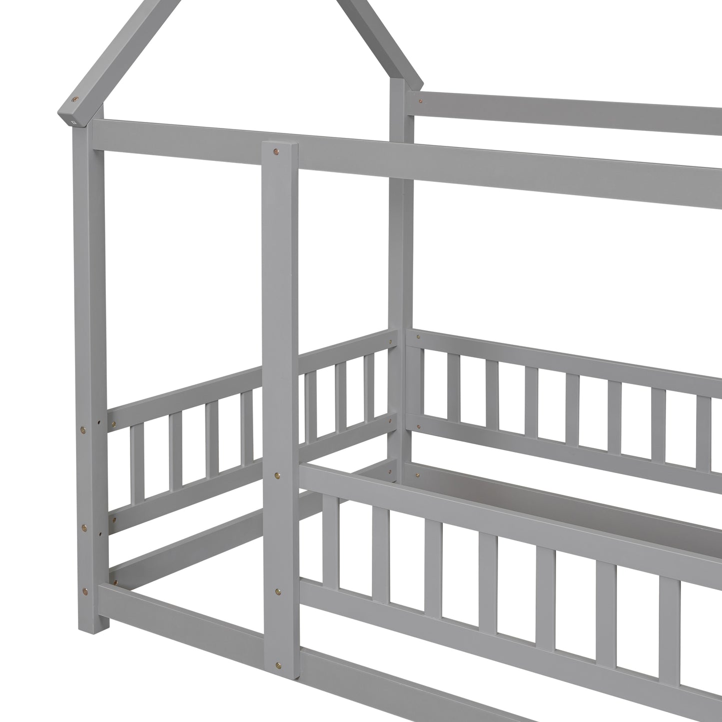 Gray wooden house bed frame with slatted side rails and roof structure