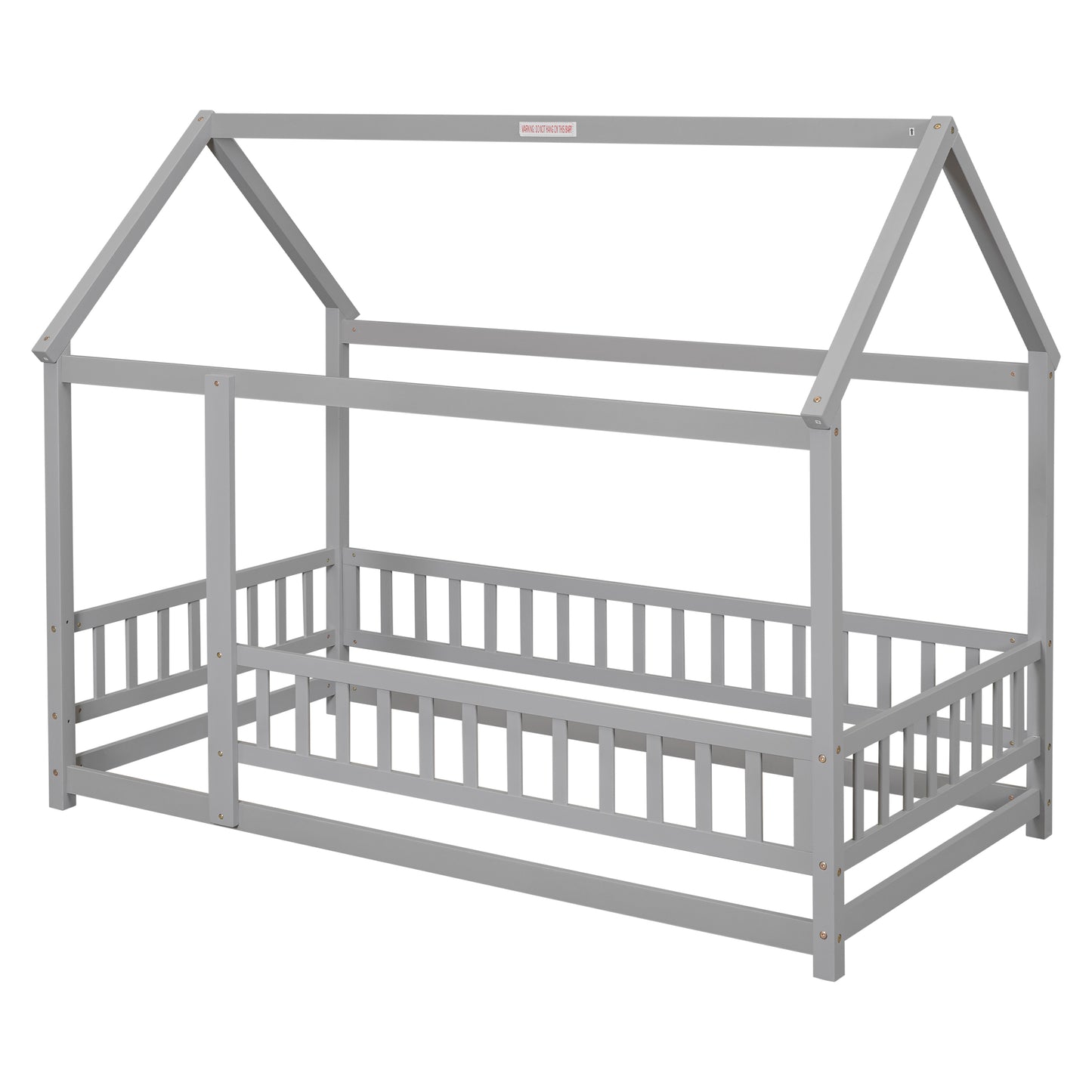 Gray wooden house bed frame with slatted sides for child safety