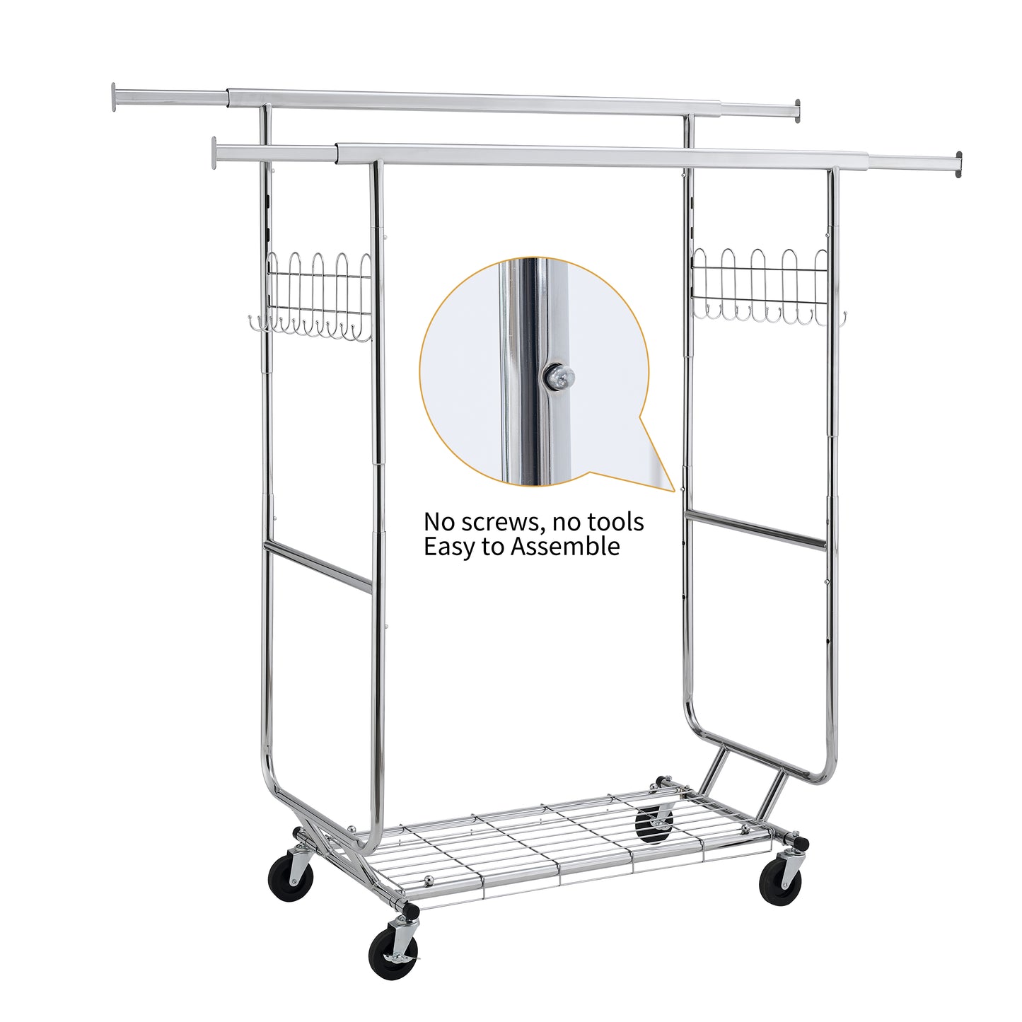 Chrome double garment rack with adjustable height and wheeled base for easy mobility