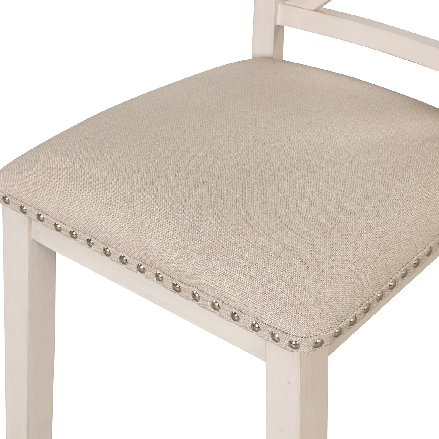 Upholstered beige linen stool seat with silver nailhead trim