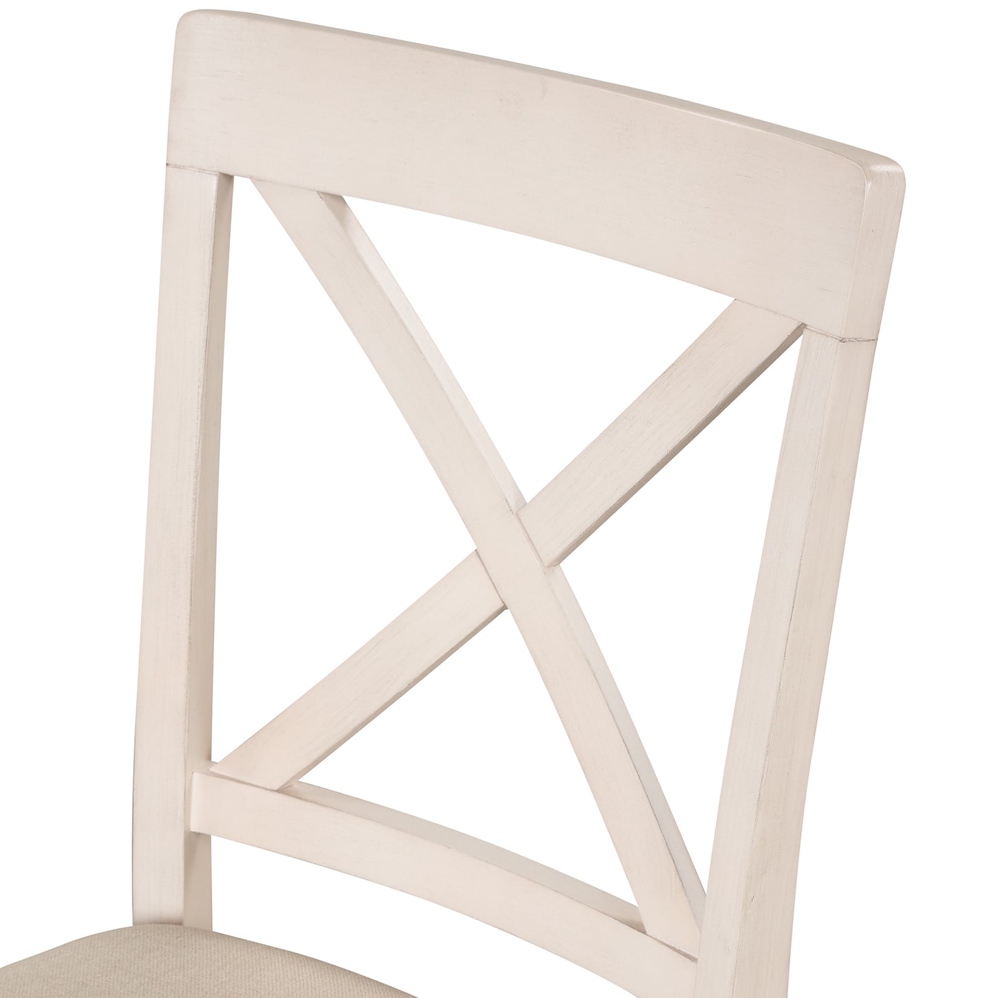 Offwhite farmhouse dining chair with distressed wood finish and crisscross back