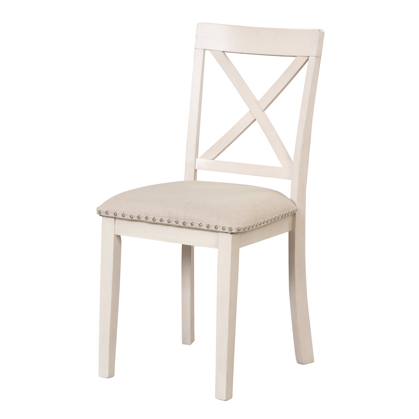 Cream upholstered dining chair with Xback detail and nailhead trim