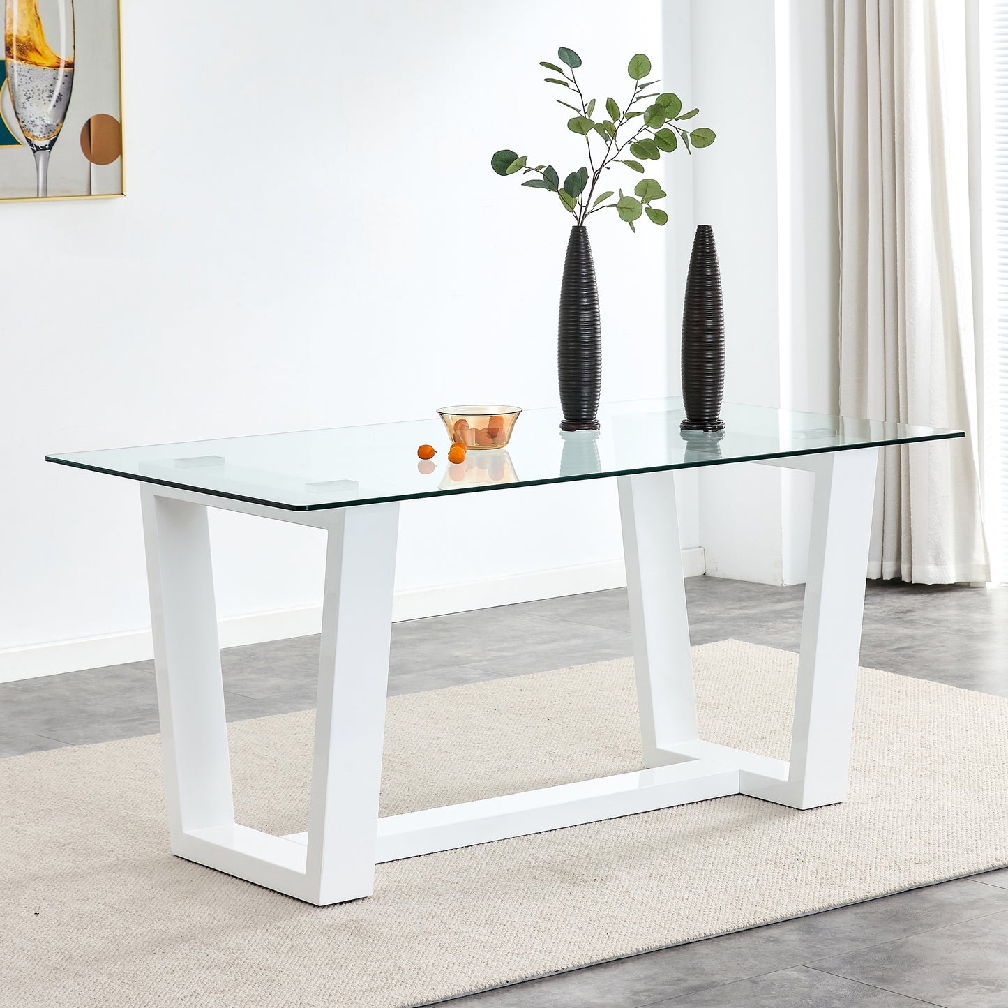Modern glass dining table with white angular base