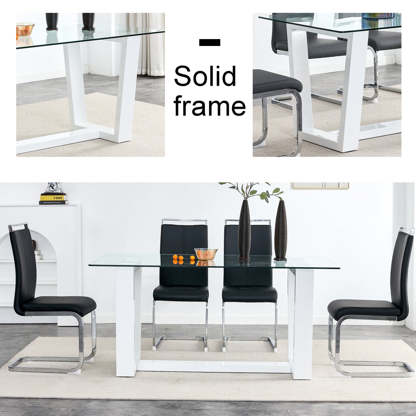Glass dining table with white solid frame and black leather chairs