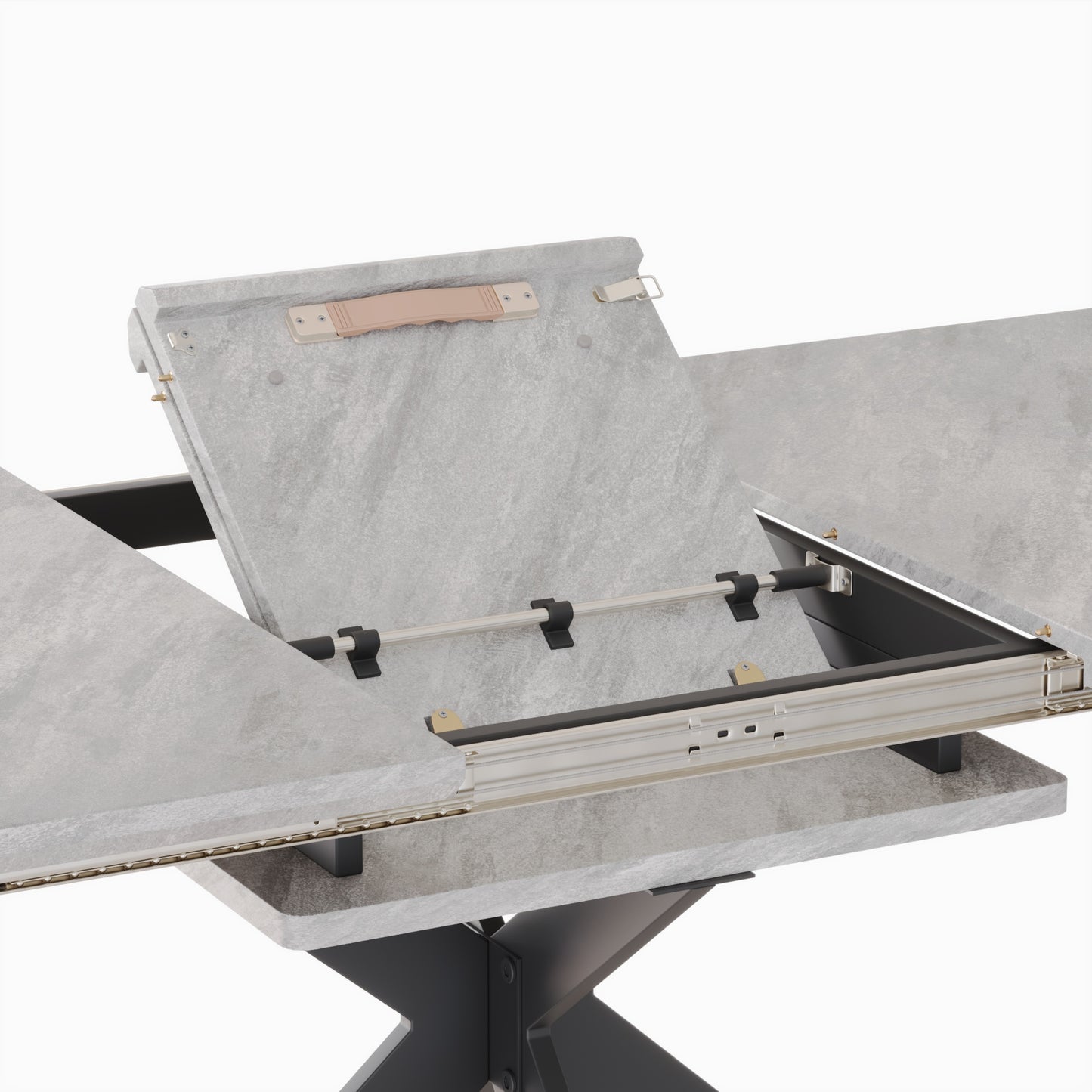 Concrete extension dining table mechanism with metal sliders