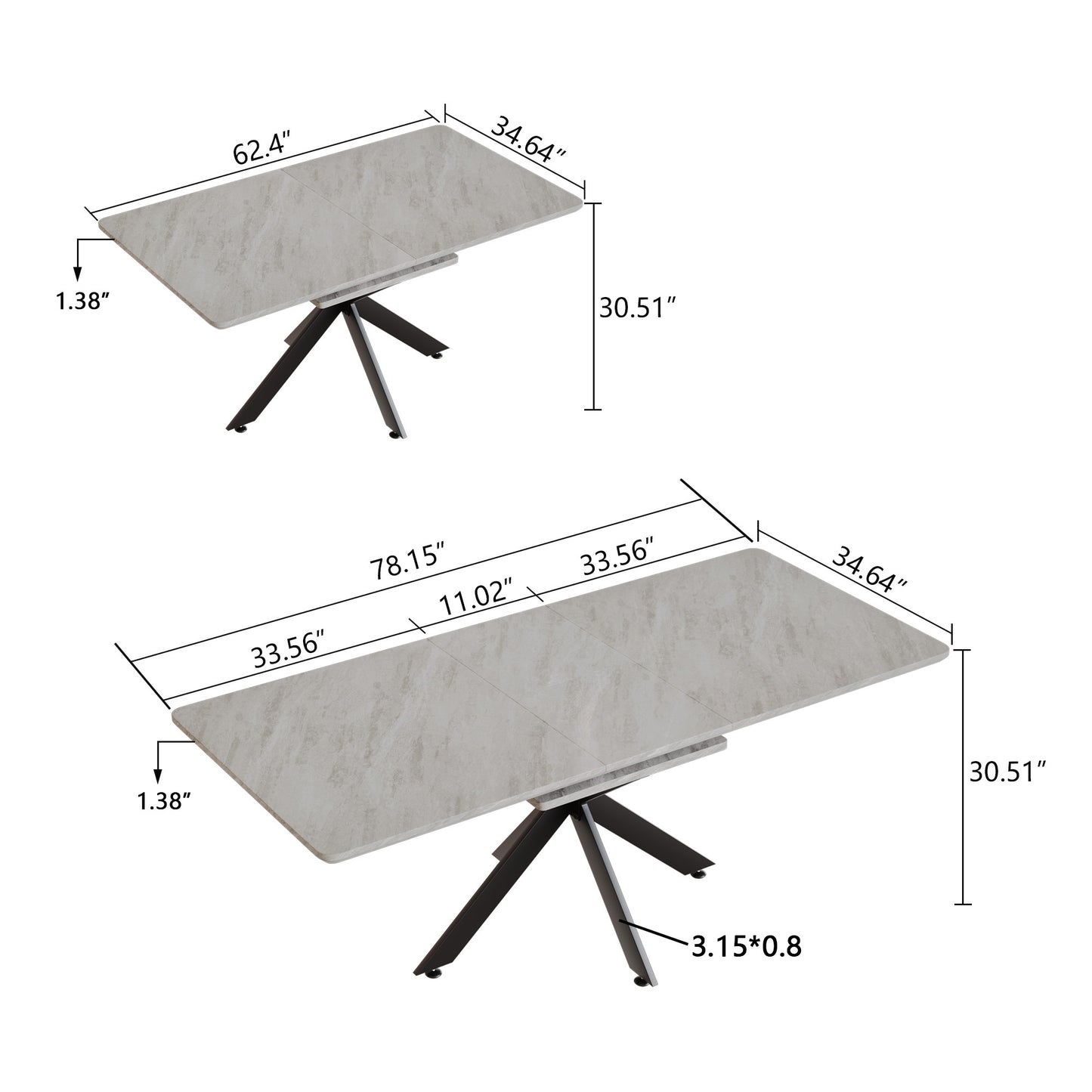 Light gray marble extendable dining table with black metal pedestal base