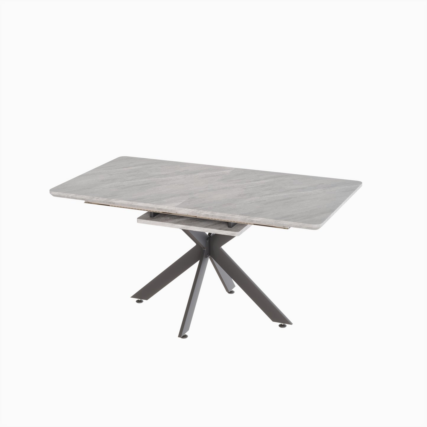Rectangular grey marble extendable dining table with dark metal spider leg base