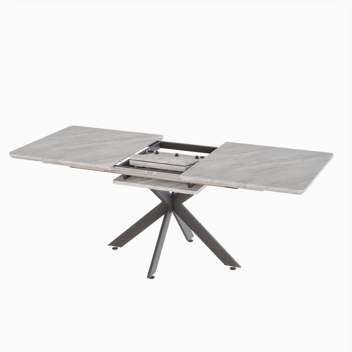 Grey marble effect extending dining table with metal pedestal base