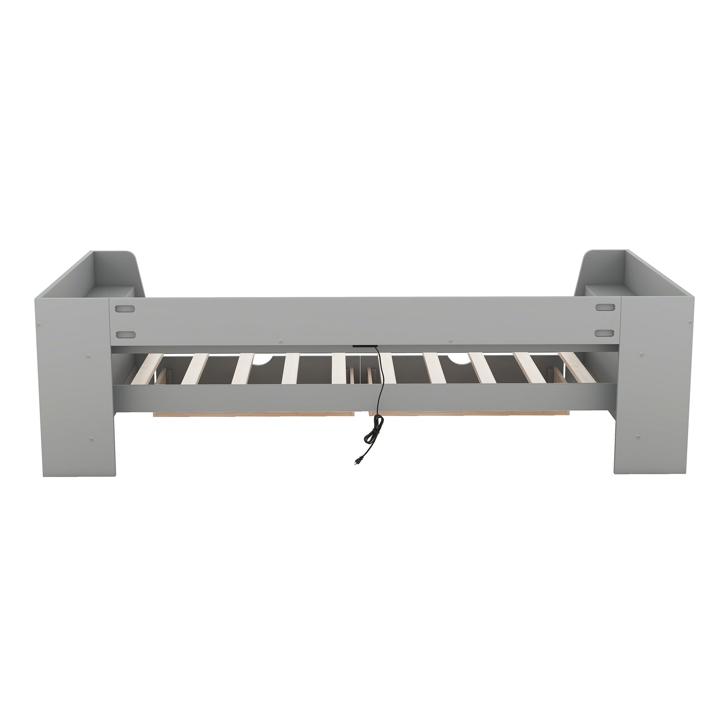 Gray twin bed frame with builtin headboard shelf and wooden slats
