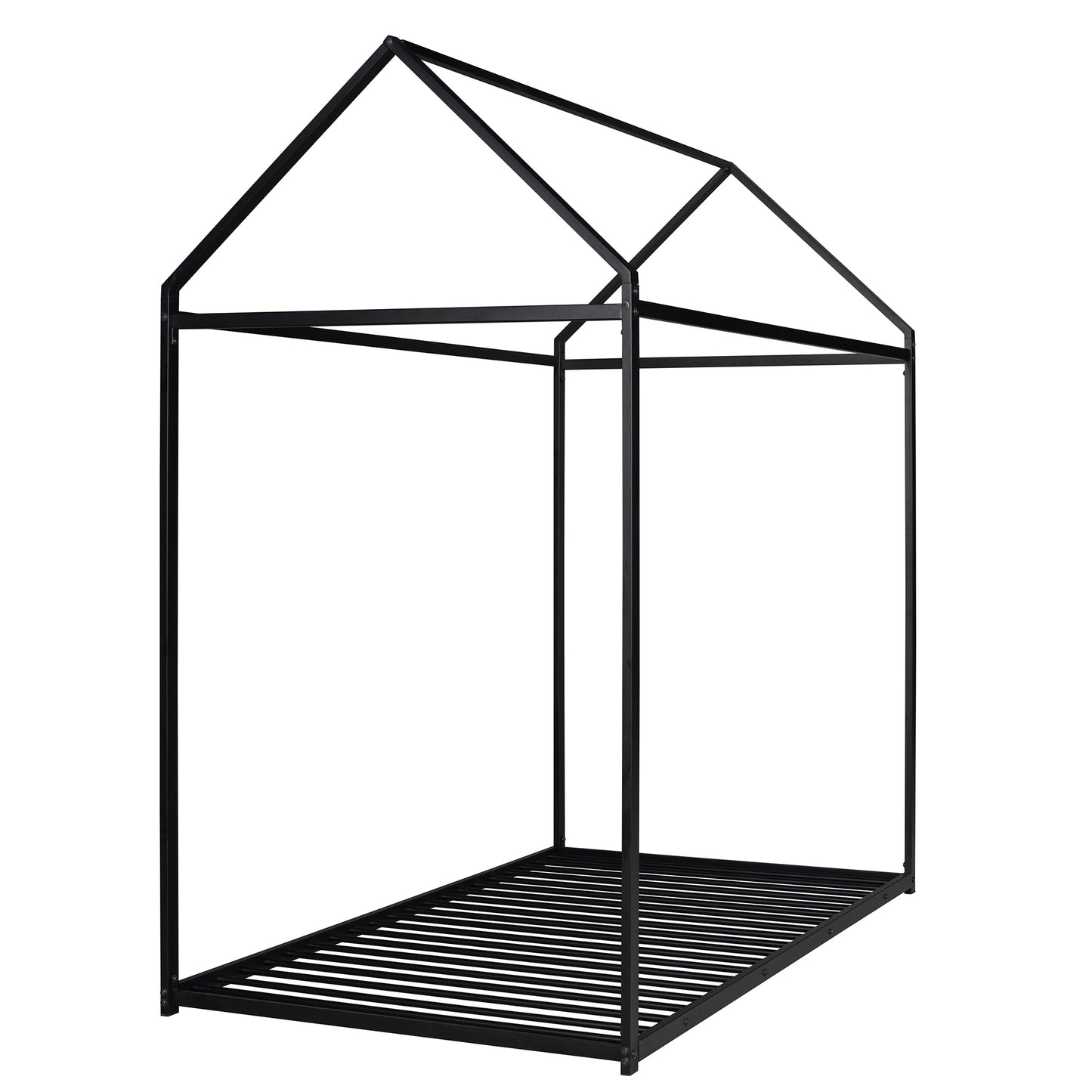 Black metal house bed frame with slatted base for toddlers