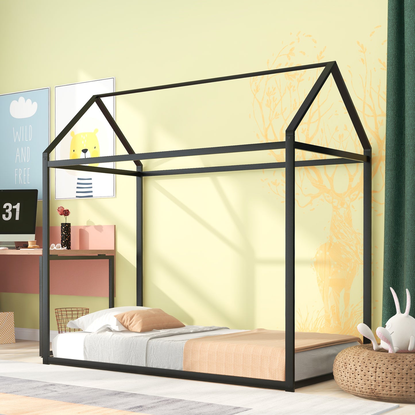 Black metal house bed frame with white and peach bedding