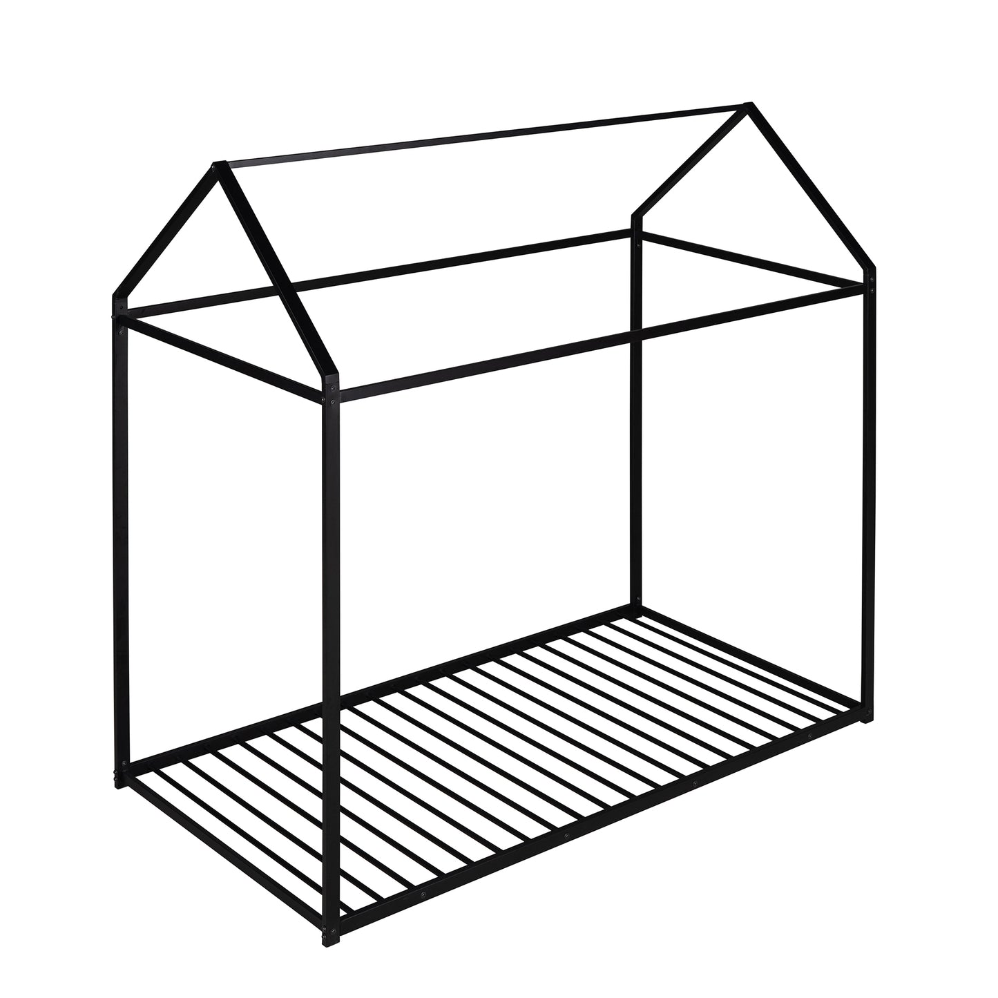 Black metal house bed frame with slatted base