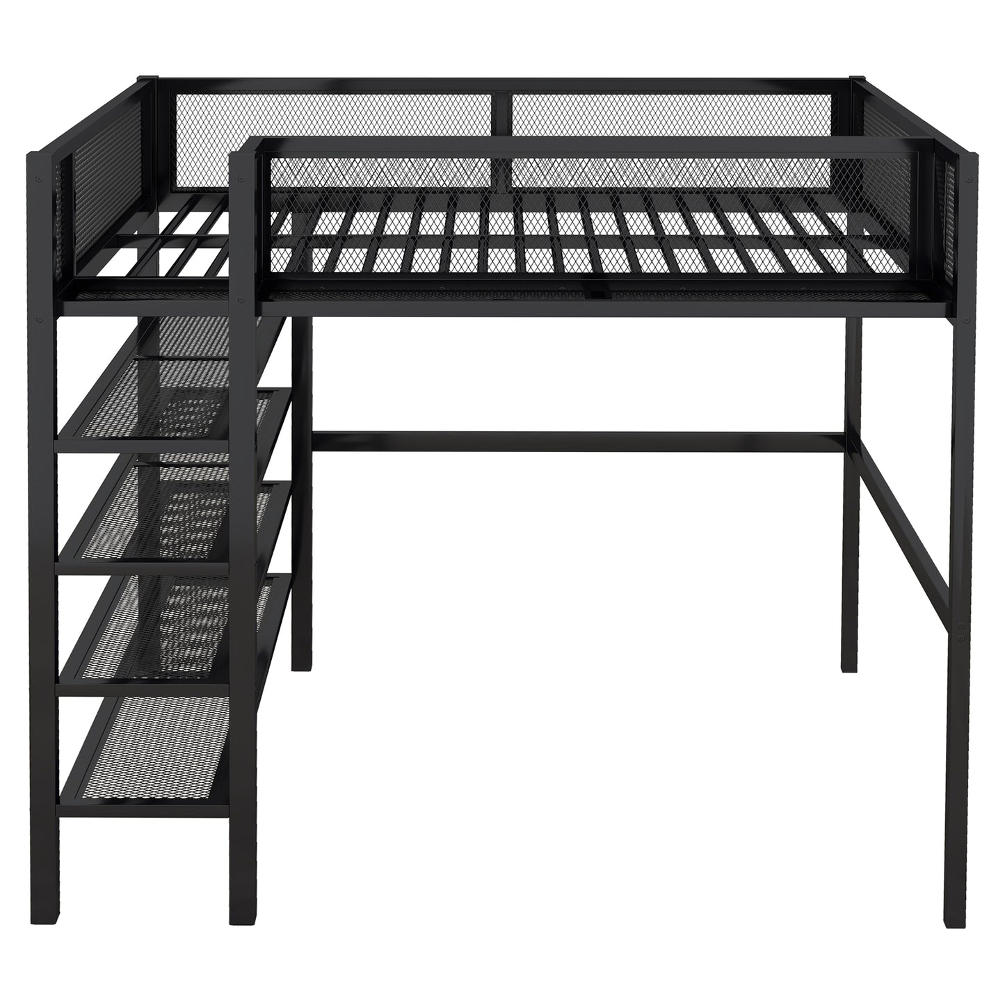 Black metal loft bed with mesh railing and integrated shelving unit