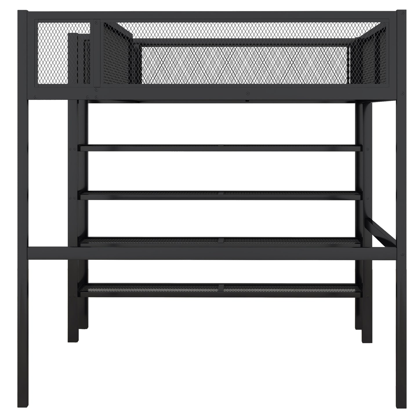 Black metal loft bed frame with integrated desk and shelving