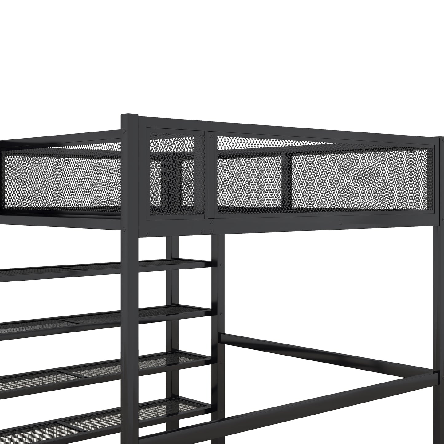 Black metal loft bed frame with wire mesh railing and shelves