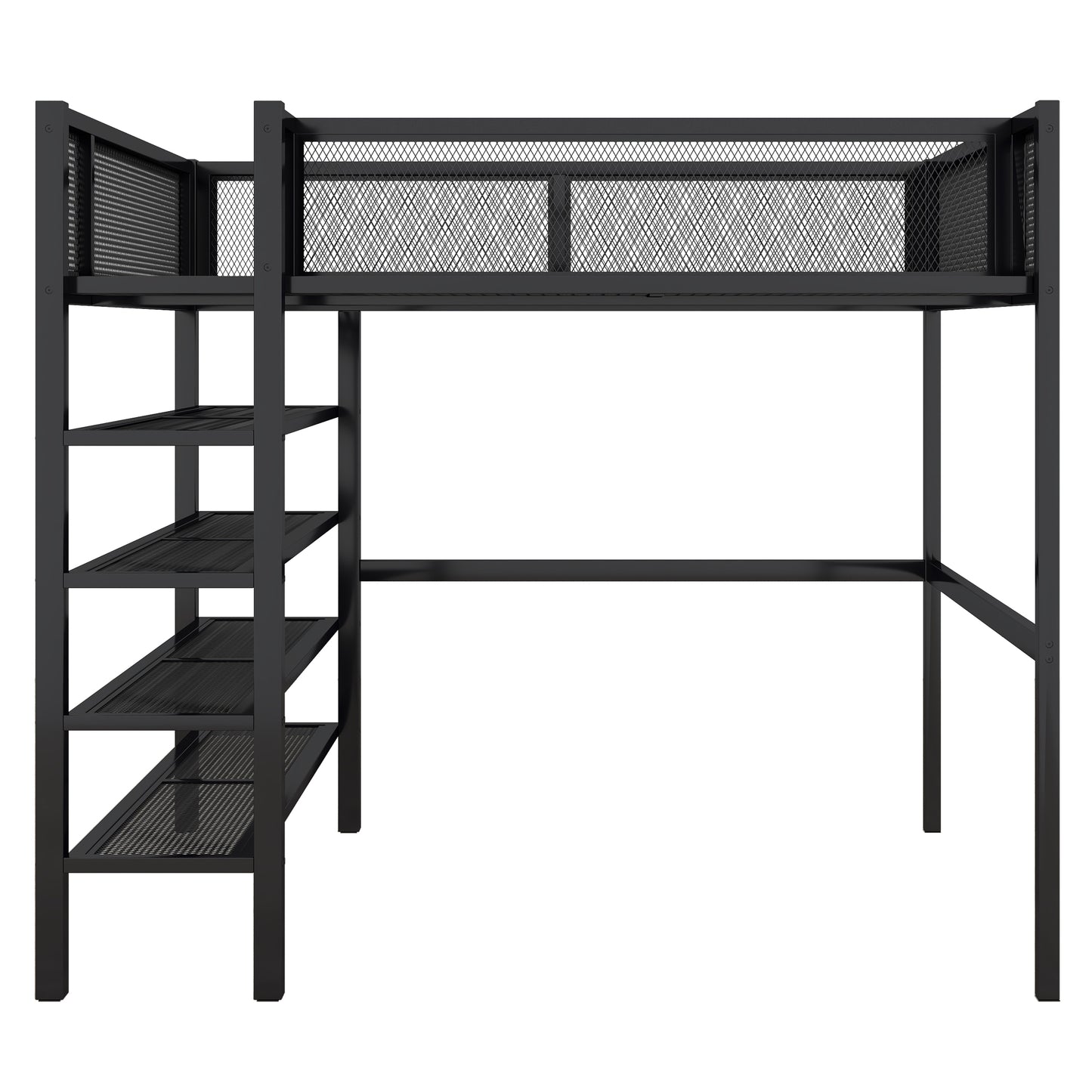 Black metal loft bed with integrated shelves and desk space