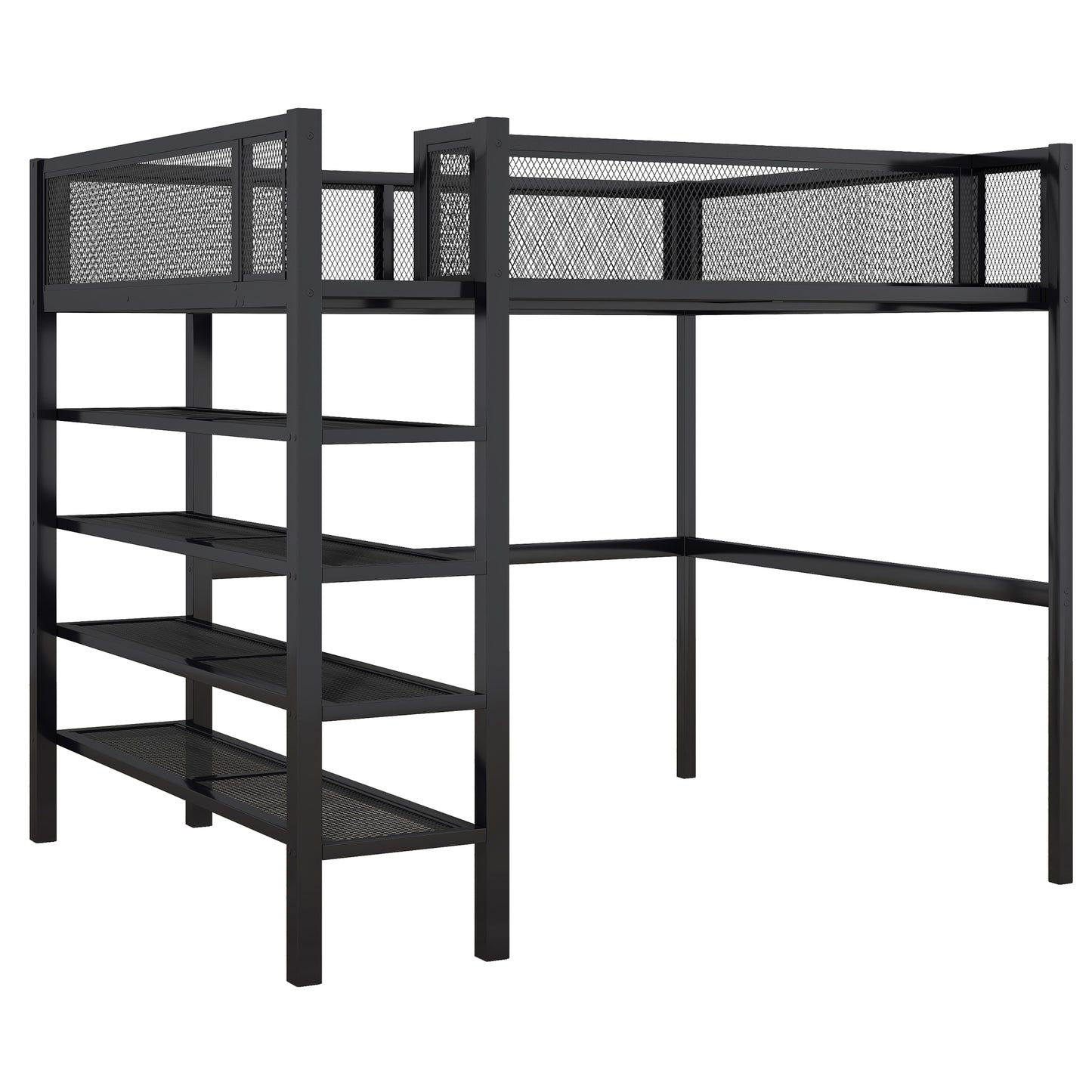 Black metal loft bed with mesh sides and integrated shelves