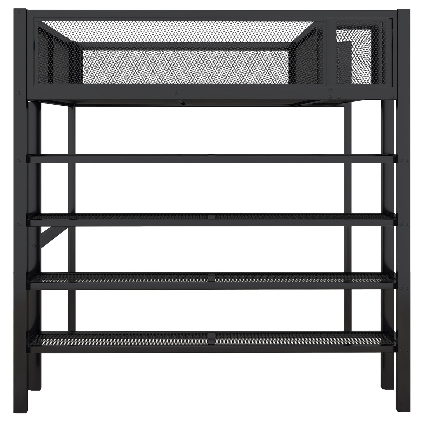 Black metal loft bed frame with four open shelving units