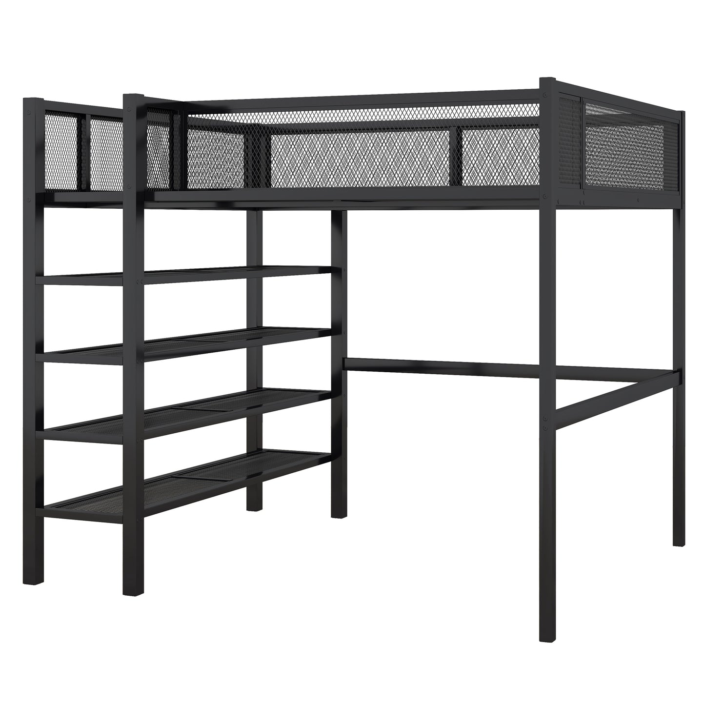 Black metal loft bed with mesh railing and attached shelving unit