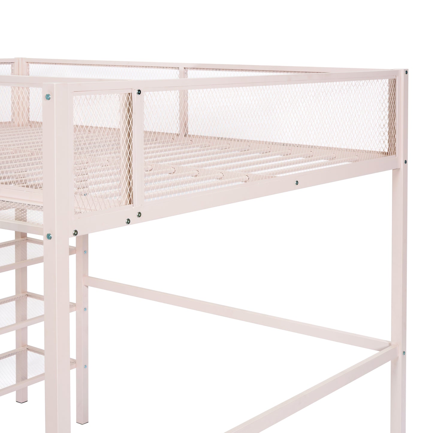 Cream metal loft bed frame with diamond mesh sides