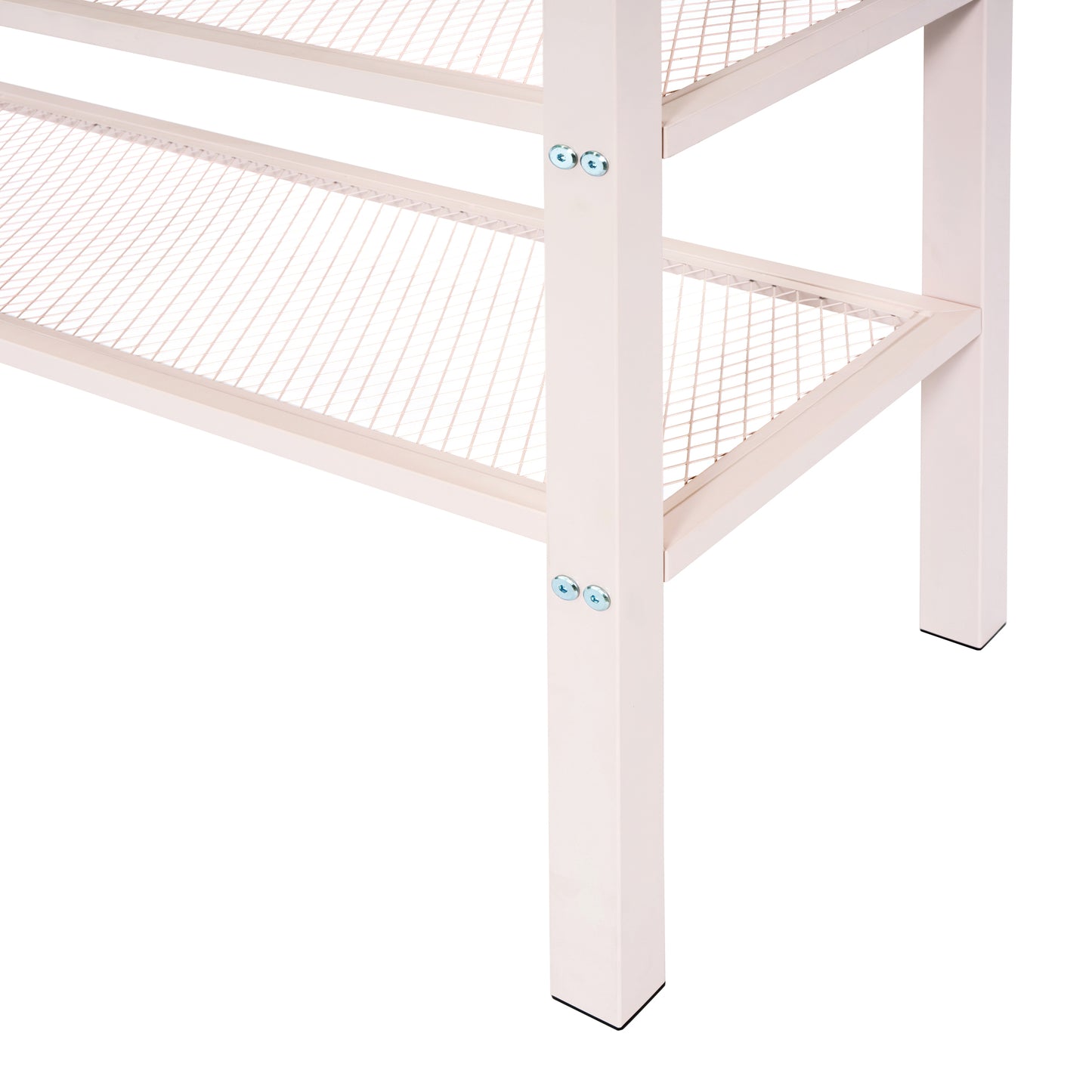 Closeup of a white metal shoe rack with diamondpatterned shelves and visible screws