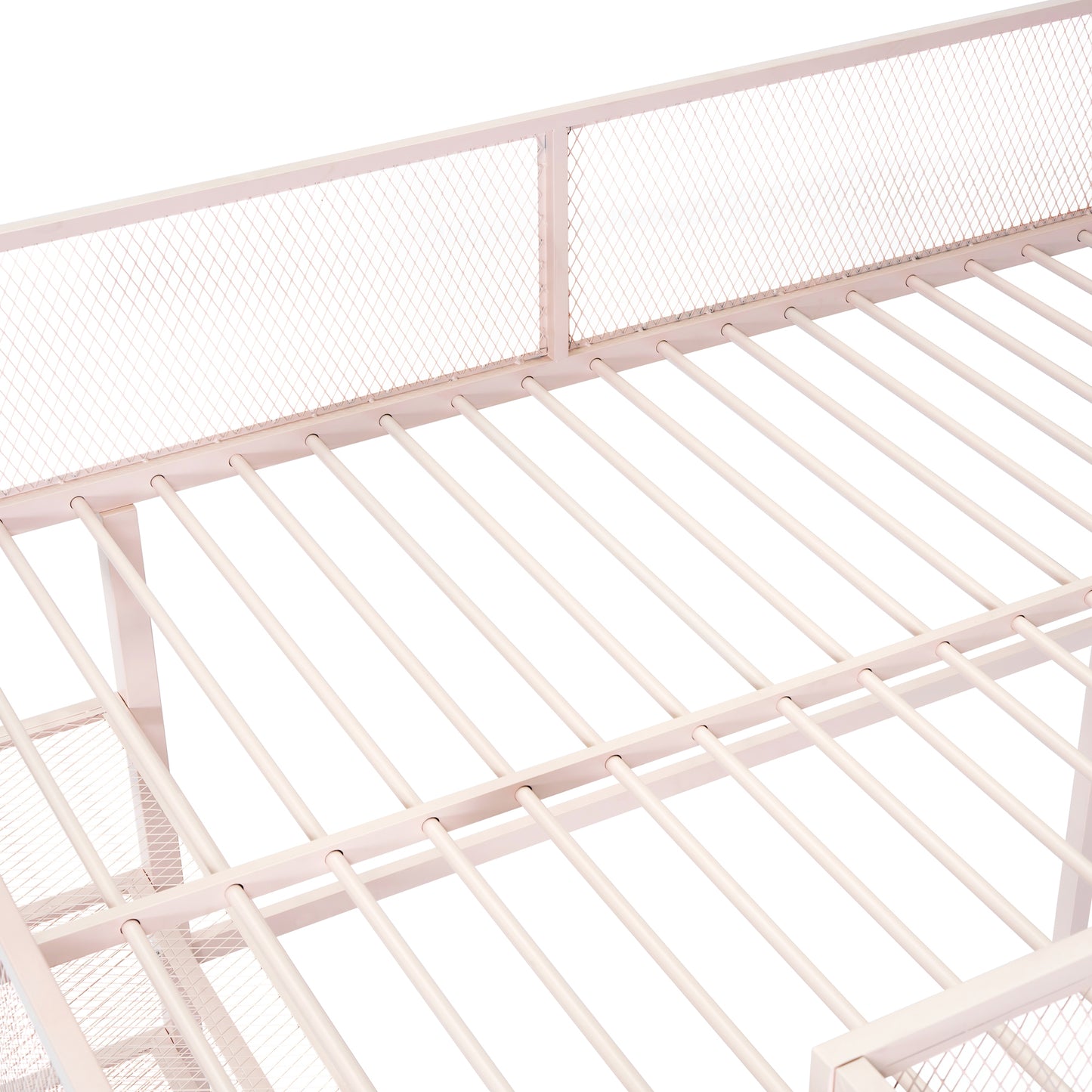 Closeup of a white metal bed frames slatted base with diamond mesh headboard detail