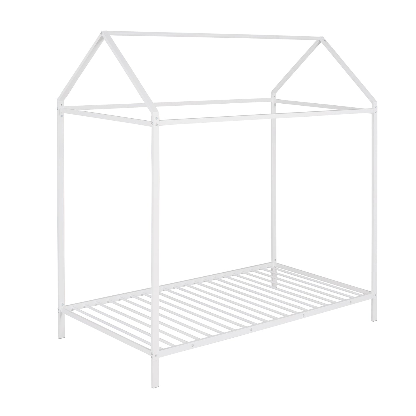 White metal house bed frame with slatted base